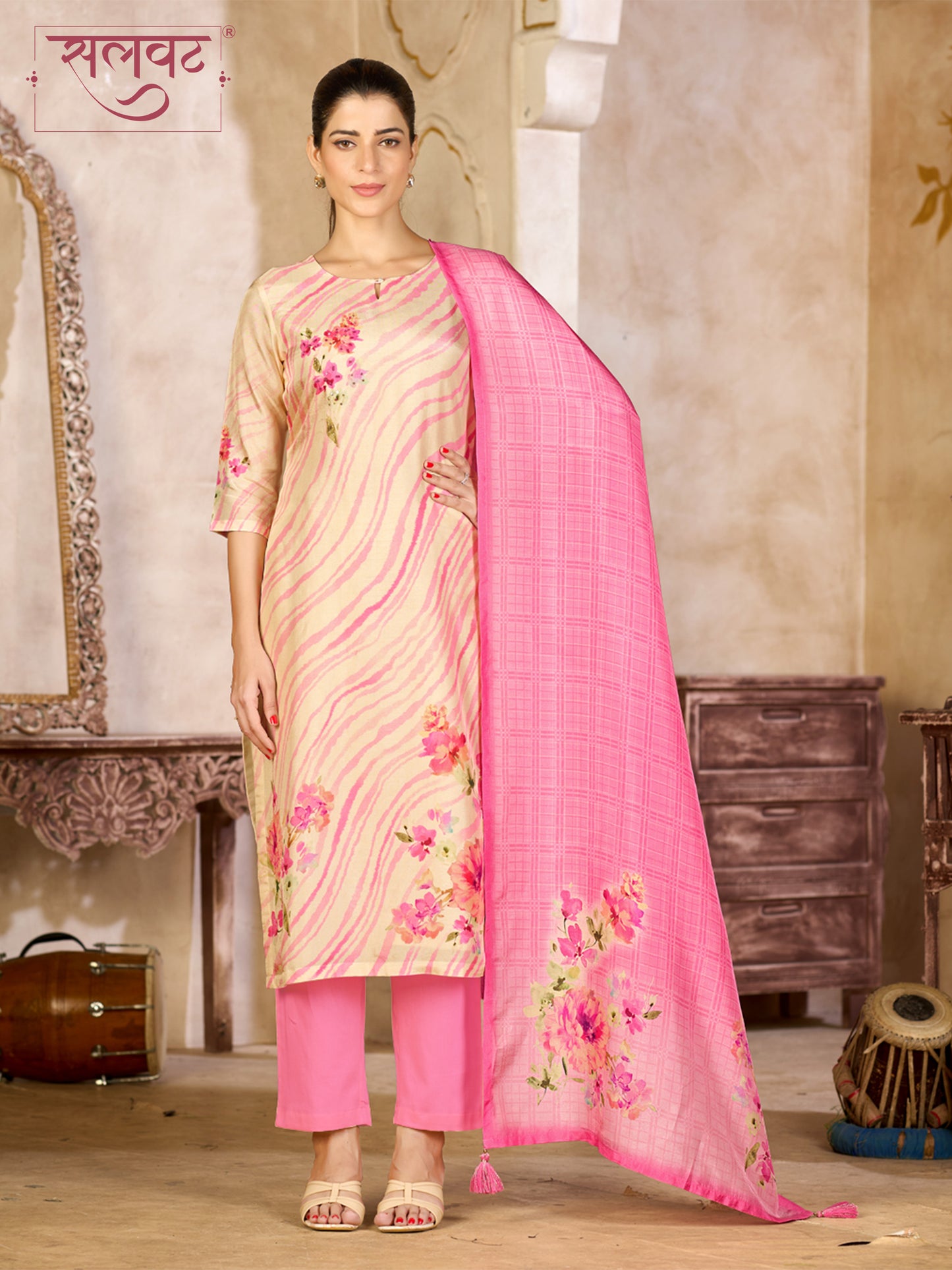 Beige Pink Viscose Kurta Set with Floral and Stripe Printed Work, Paired with Cambric Cotton Bottom and a Matching Viscose Dupatta