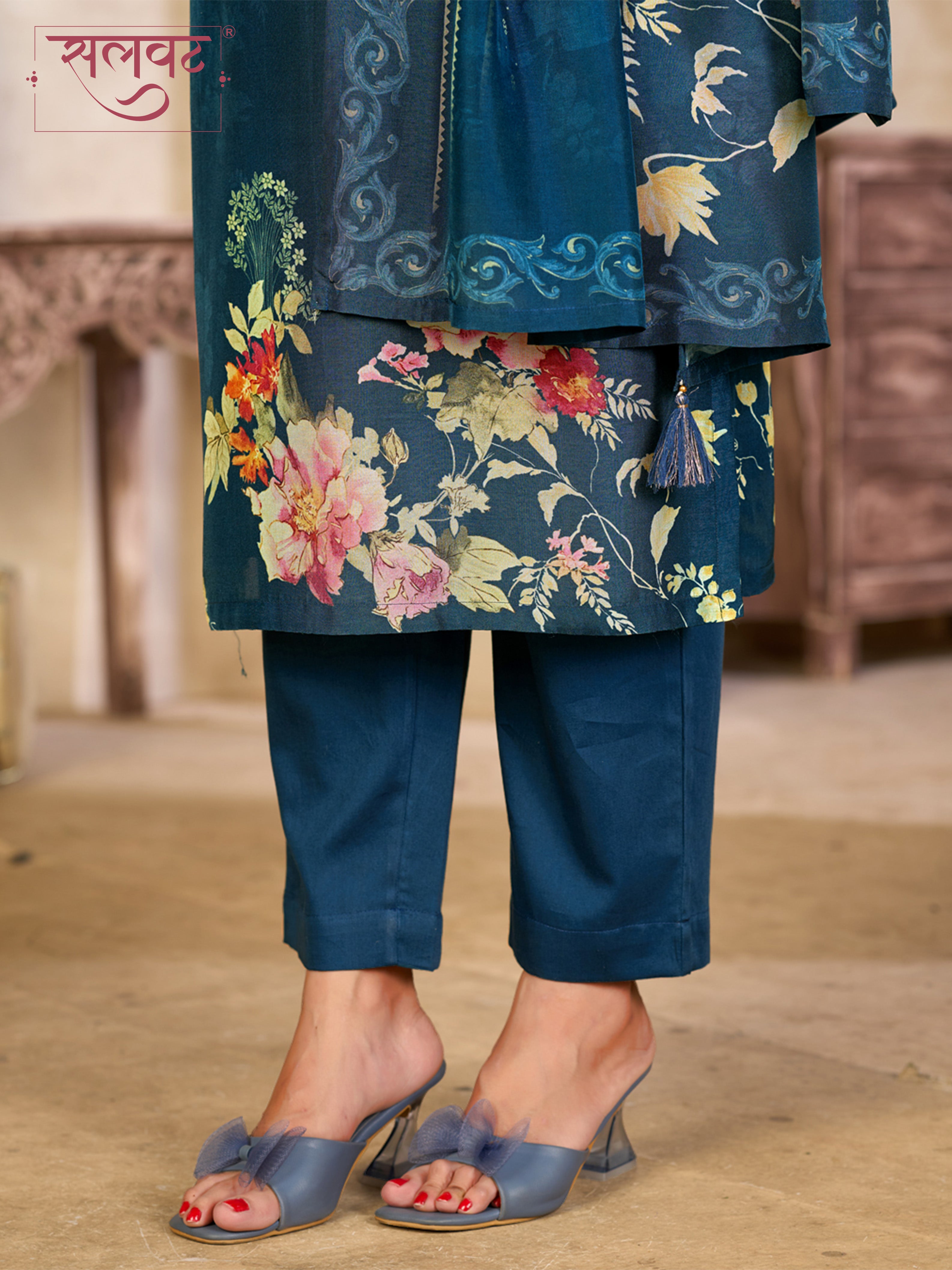 Teal Blue Viscose Kurta Set with Elegant Floral Printed Work, Paired with Cambric Cotton Bottom and a Matching Viscose Dupatta