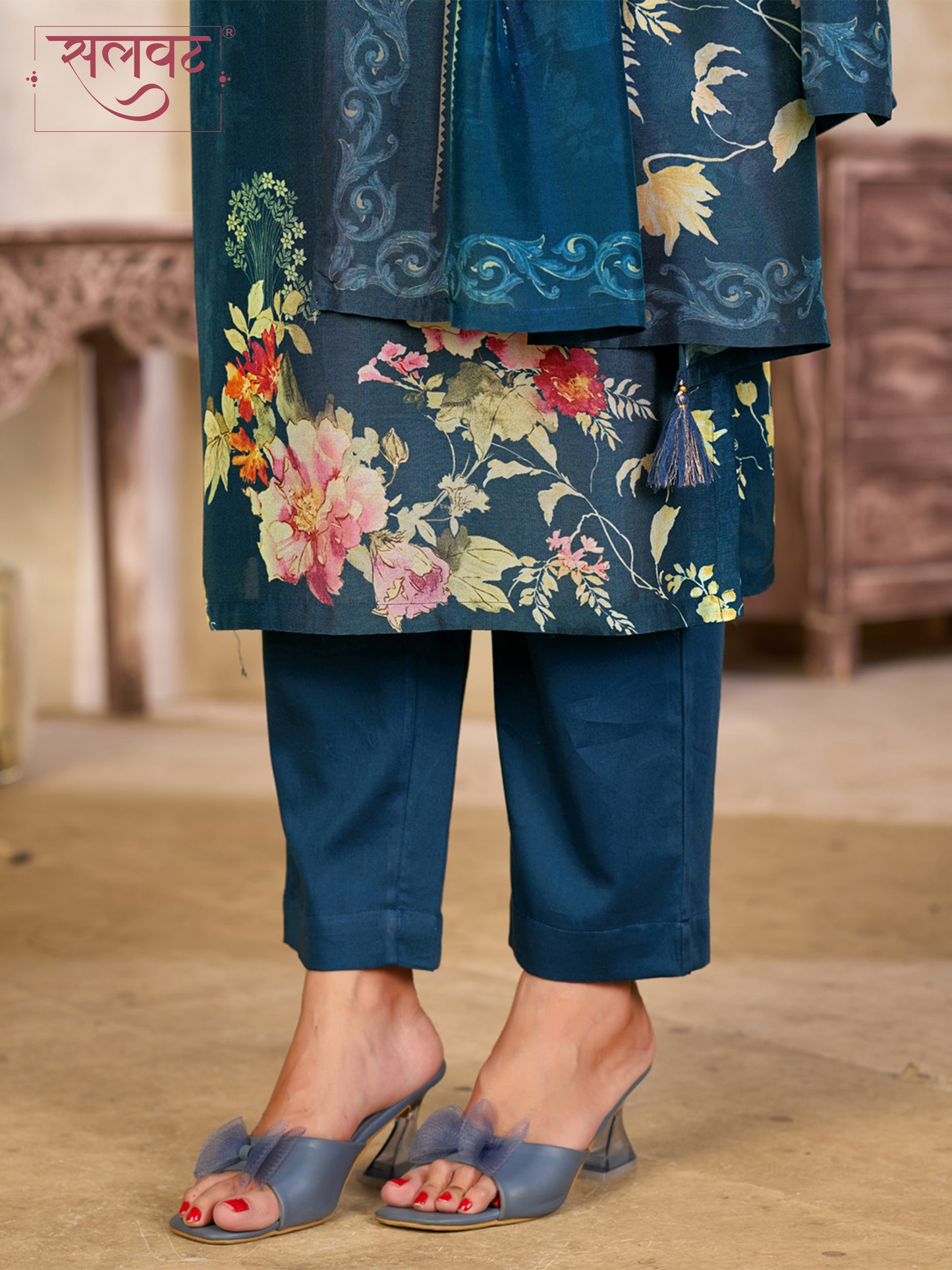 Teal Blue Viscose Kurta Set with Elegant Floral Printed Work, Paired with Cambric Cotton Bottom and a Matching Viscose Dupatta