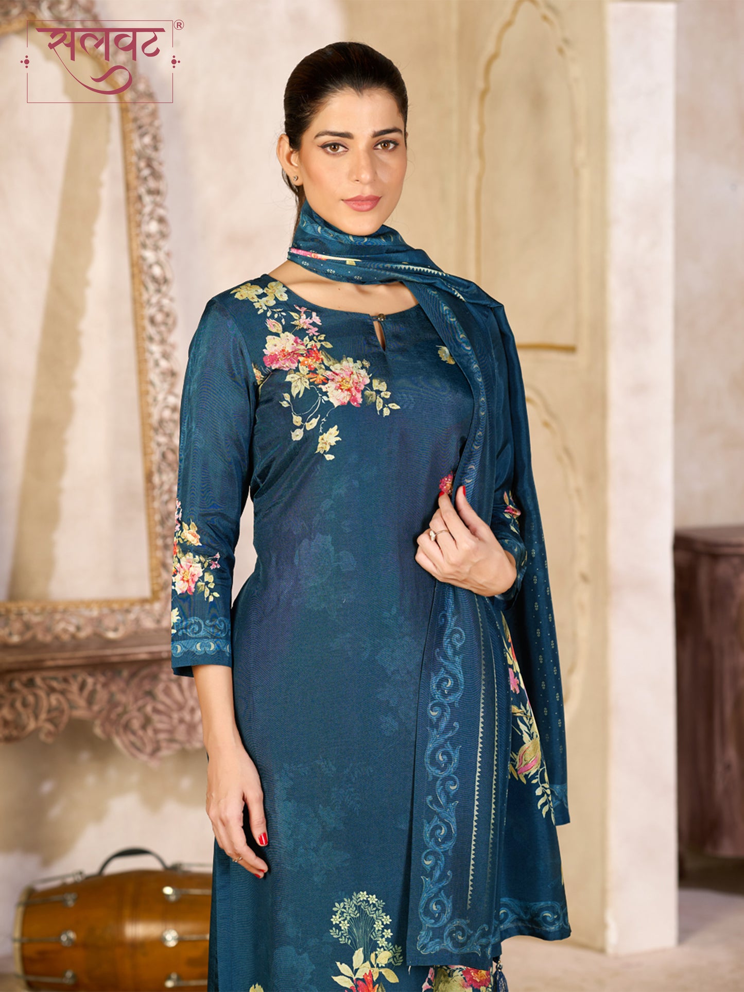 Teal Blue Viscose Kurta Set with Elegant Floral Printed Work, Paired with Cambric Cotton Bottom and a Matching Viscose Dupatta