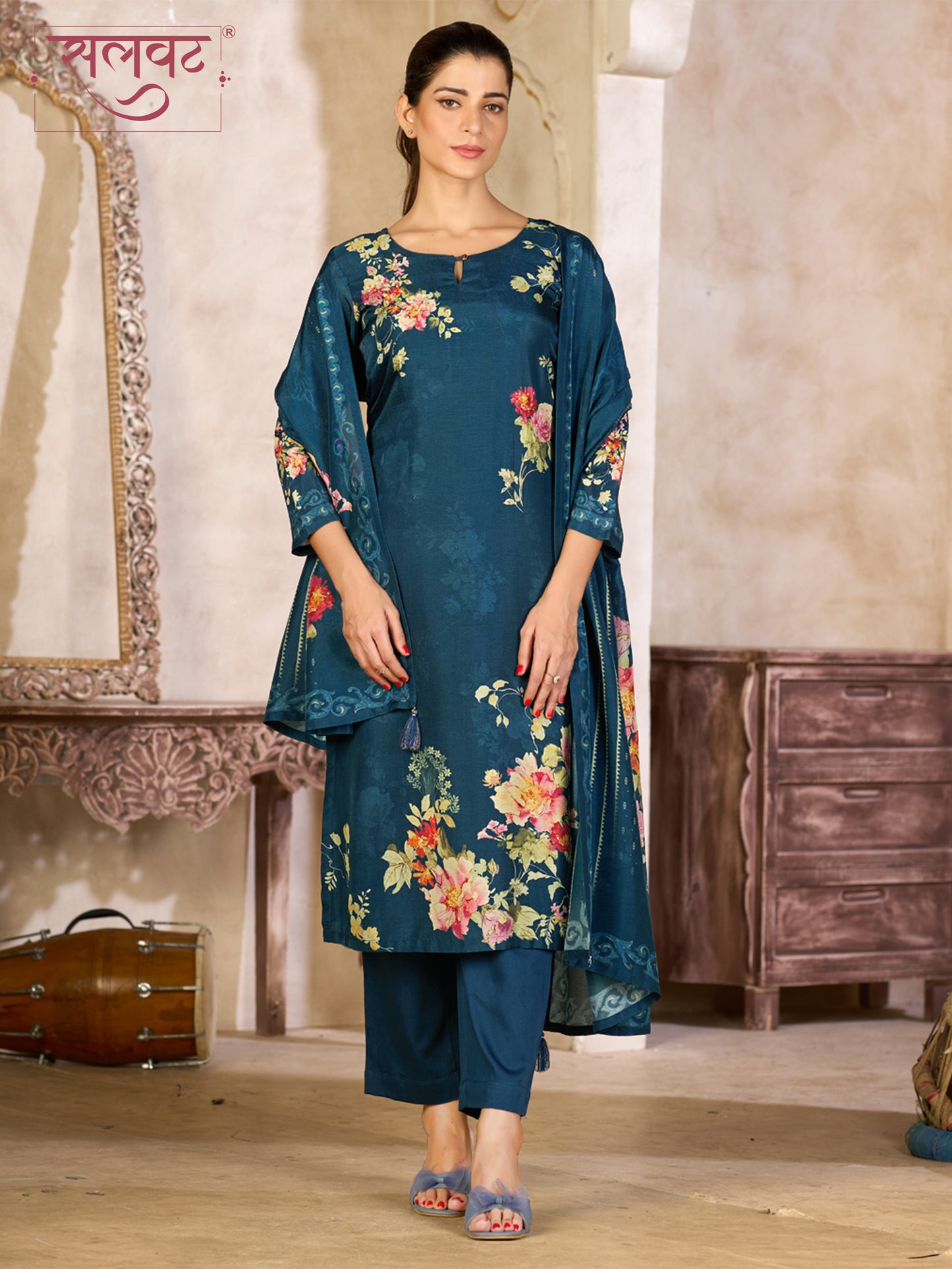 Teal Blue Viscose Kurta Set with Elegant Floral Printed Work, Paired with Cambric Cotton Bottom and a Matching Viscose Dupatta
