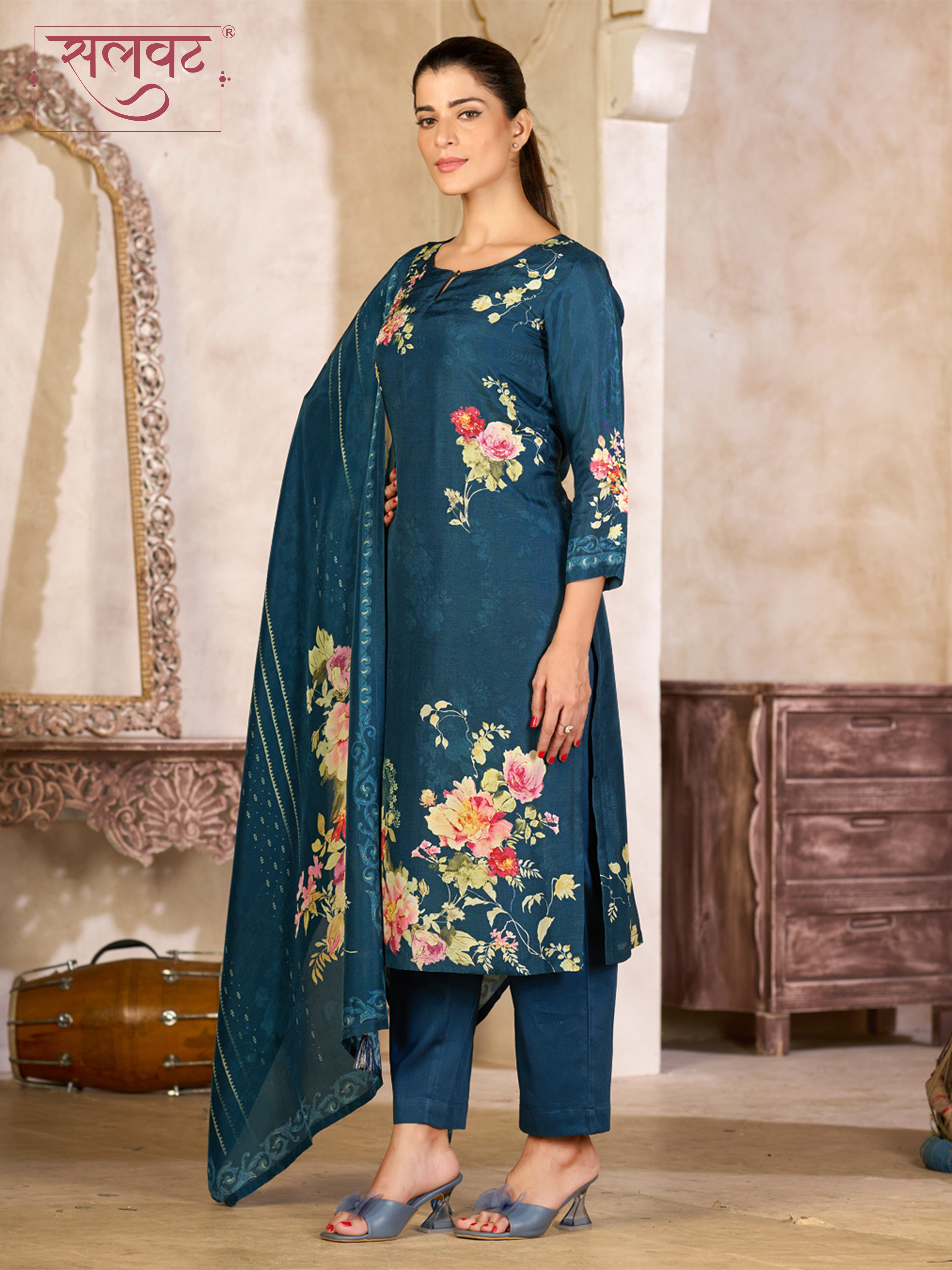 Teal Blue Viscose Kurta Set with Elegant Floral Printed Work, Paired with Cambric Cotton Bottom and a Matching Viscose Dupatta