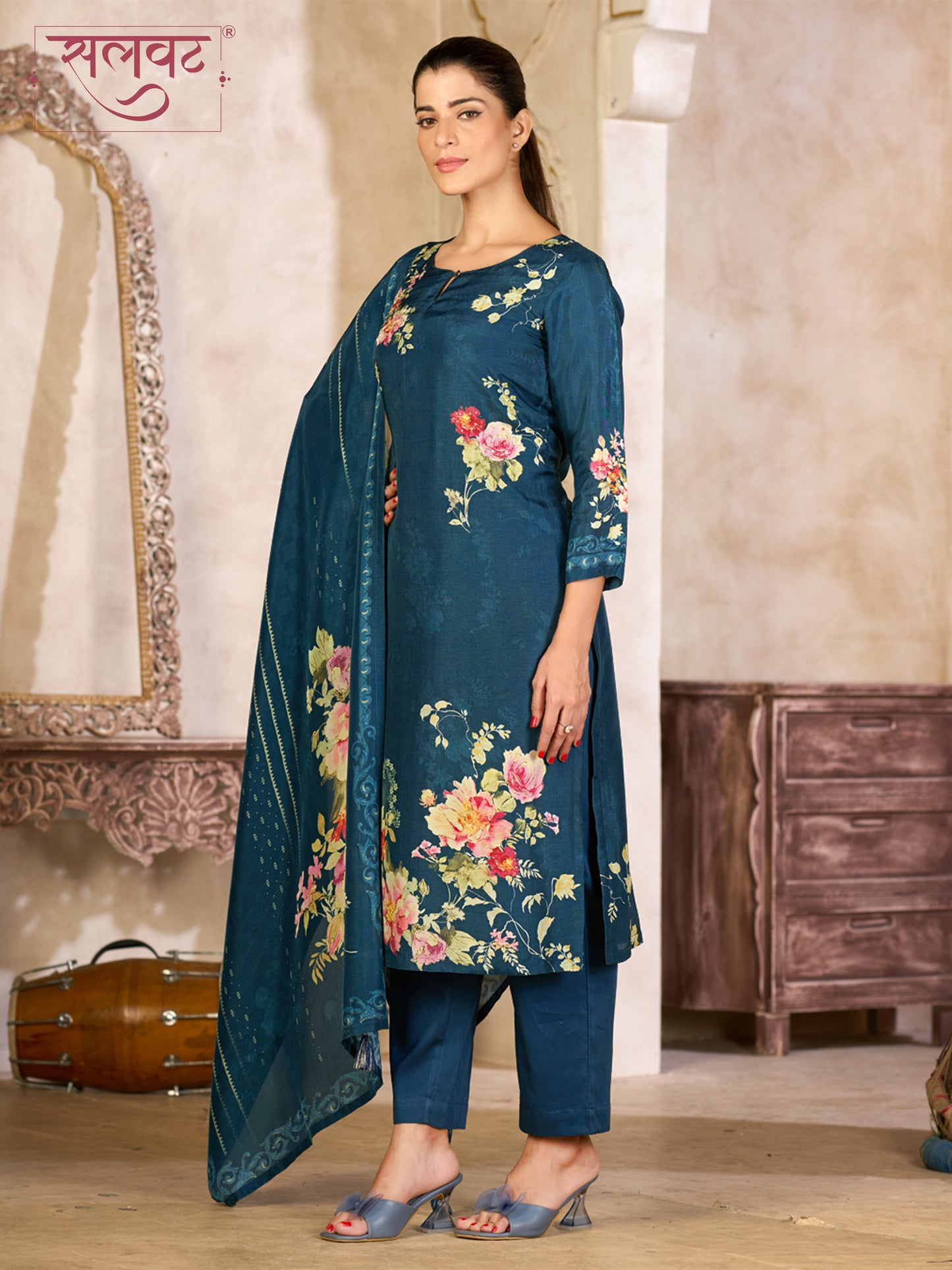 Teal Blue Viscose Kurta Set with Elegant Floral Printed Work, Paired with Cambric Cotton Bottom and a Matching Viscose Dupatta