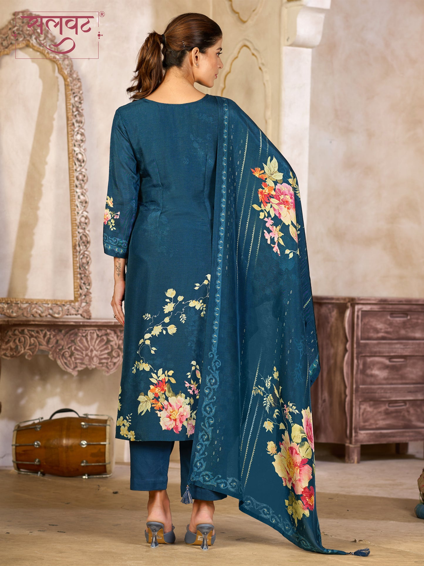 Teal Blue Viscose Kurta Set with Elegant Floral Printed Work, Paired with Cambric Cotton Bottom and a Matching Viscose Dupatta