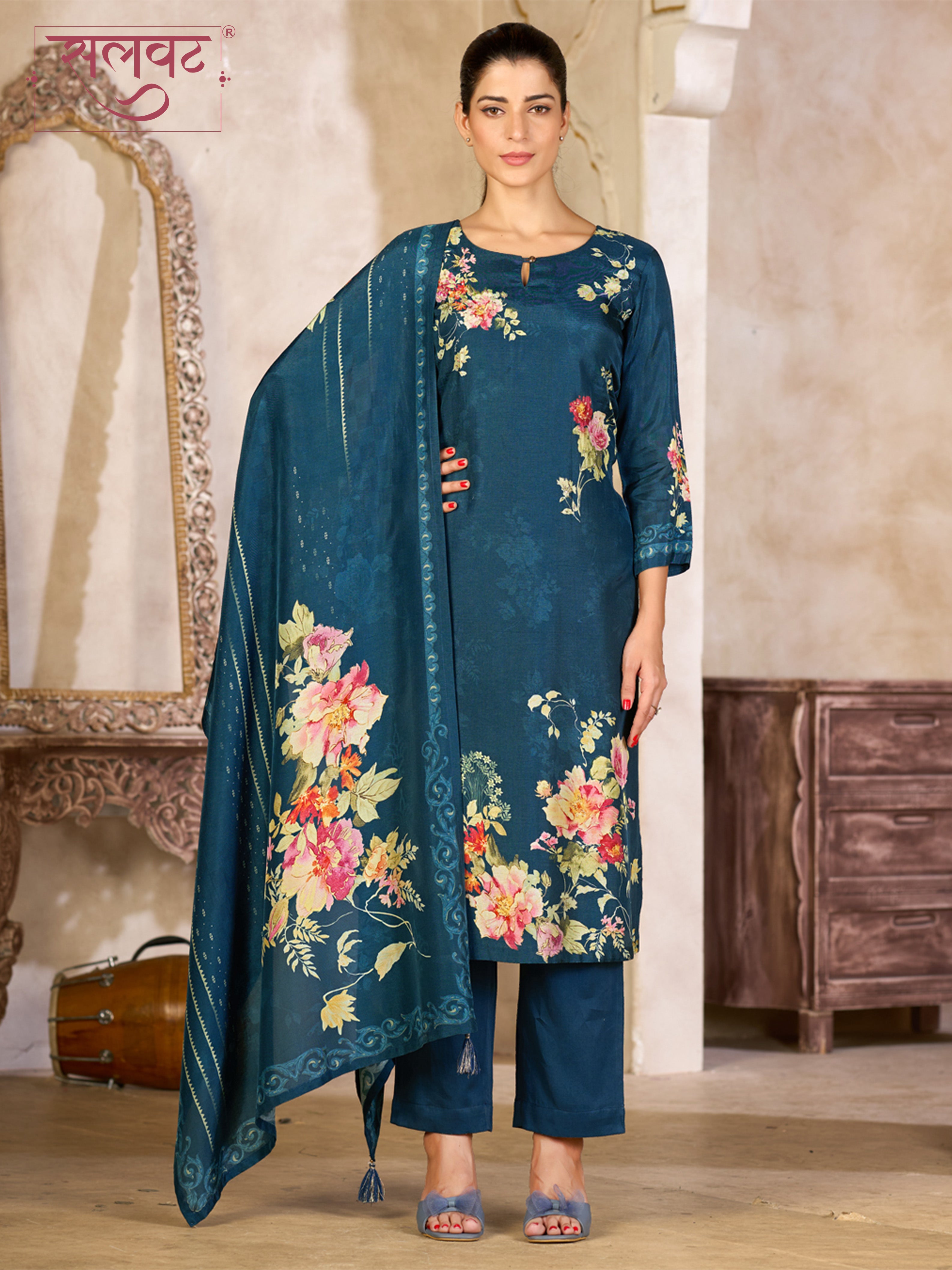 Teal Blue Viscose Kurta Set with Elegant Floral Printed Work, Paired with Cambric Cotton Bottom and a Matching Viscose Dupatta