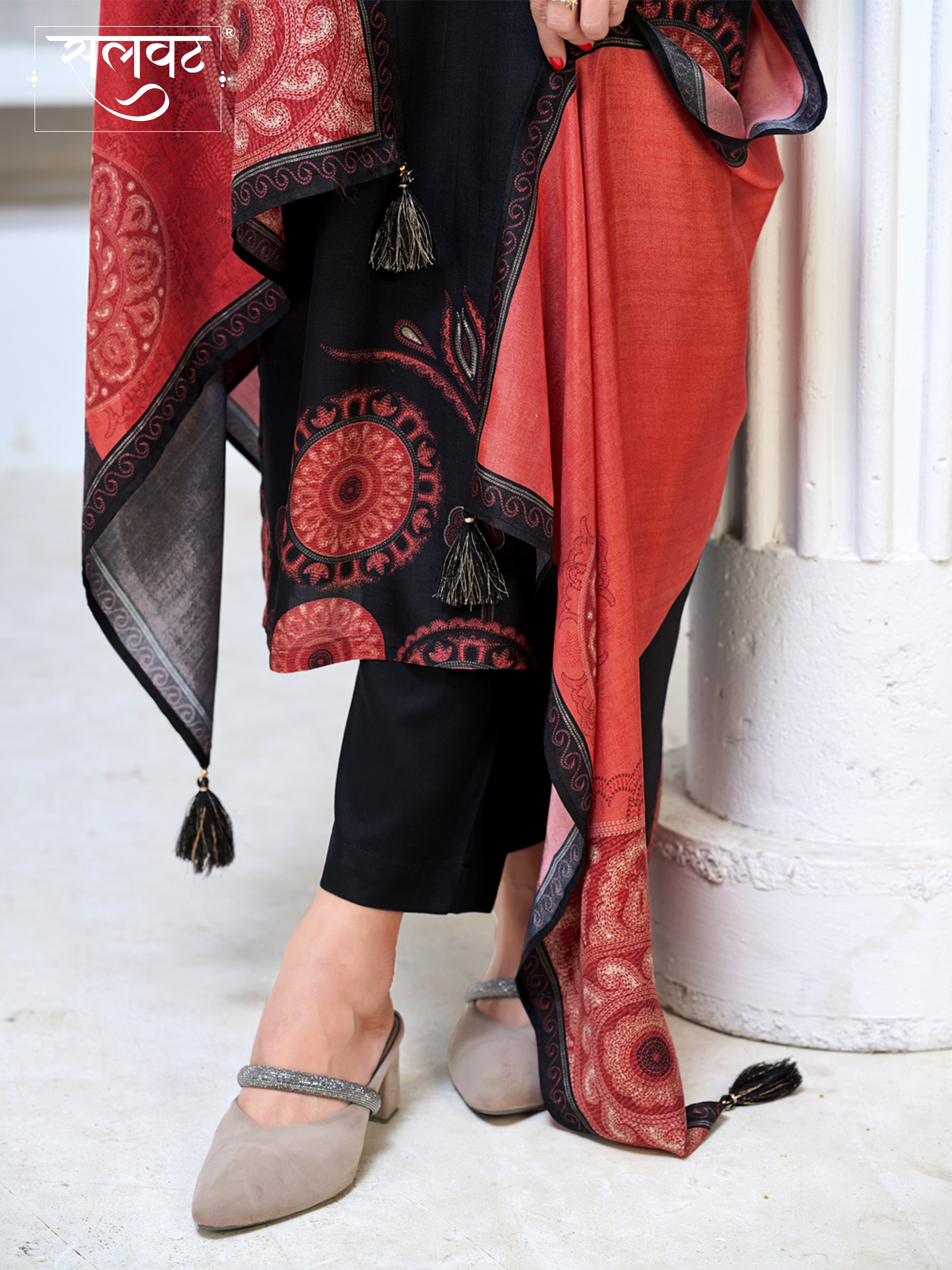 Black Viscose Kurta Set with Ethnic Printed Work, Paired with Cambric Cotton Bottom and a Contrasting Viscose Dupatta