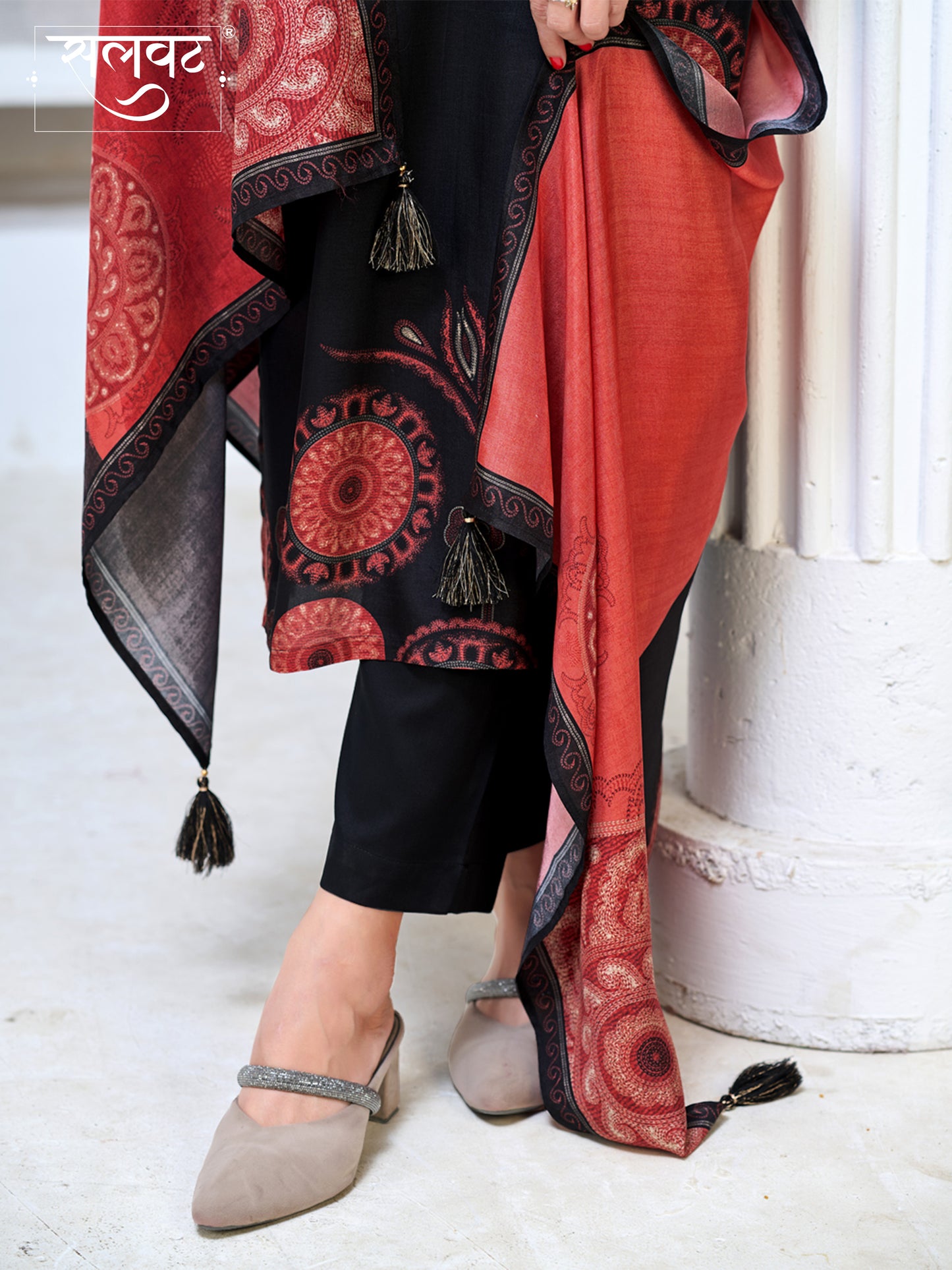 Black Viscose Kurta Set with Ethnic Printed Work, Paired with Cambric Cotton Bottom and a Contrasting Viscose Dupatta