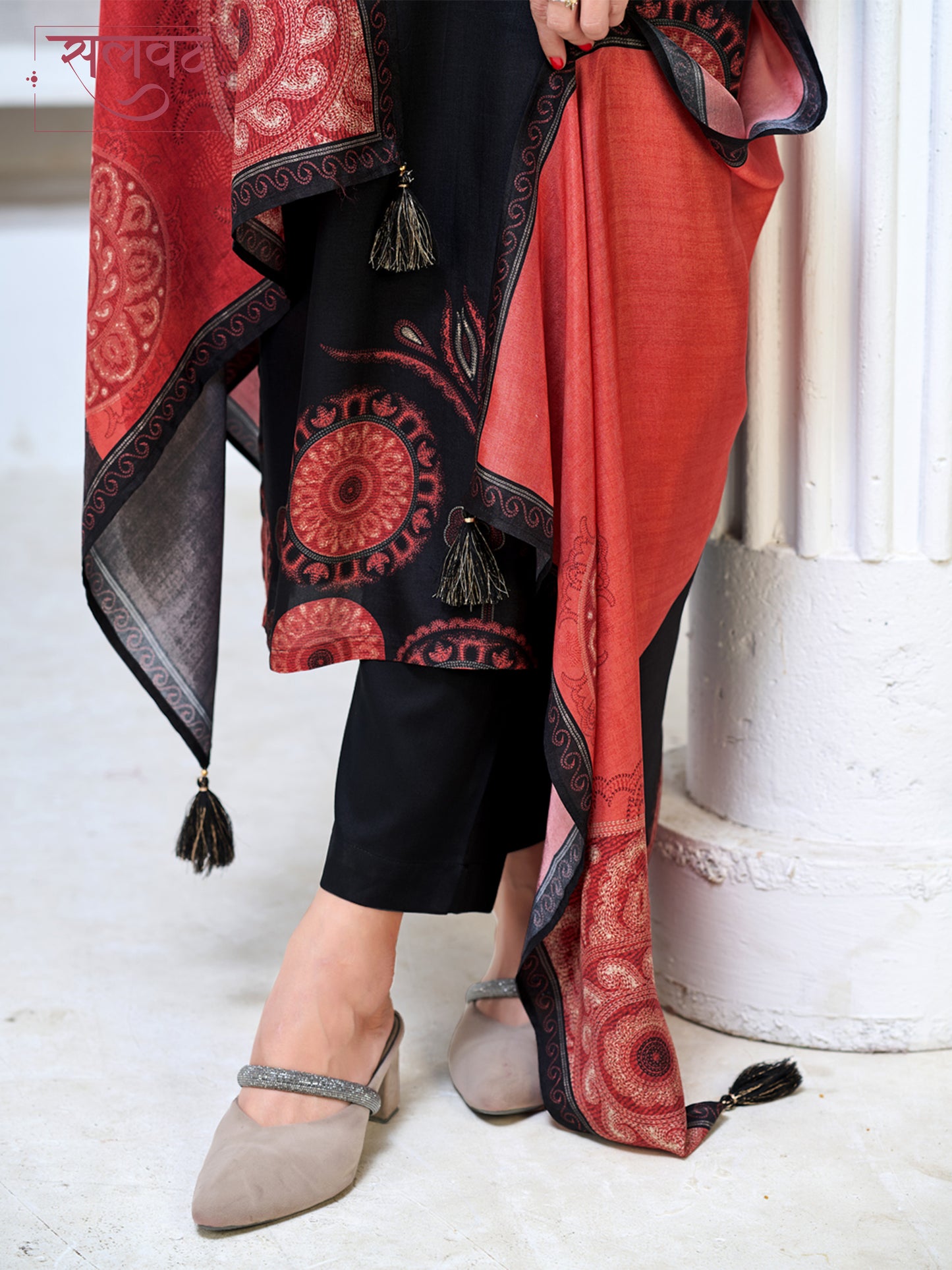 Black Viscose Kurta Set with Ethnic Printed Work, Paired with Cambric Cotton Bottom and a Contrasting Viscose Dupatta