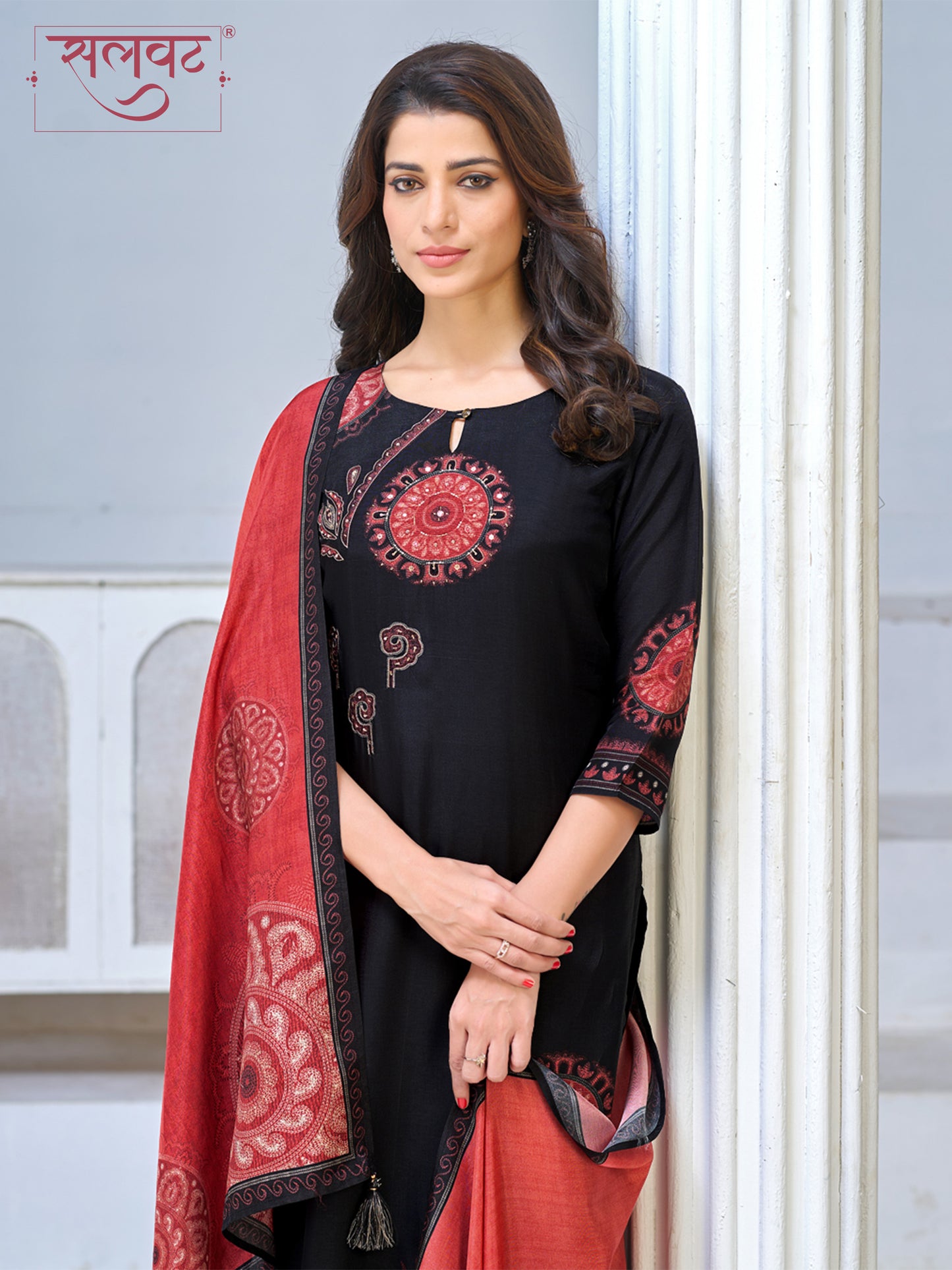 Black Viscose Kurta Set with Ethnic Printed Work, Paired with Cambric Cotton Bottom and a Contrasting Viscose Dupatta