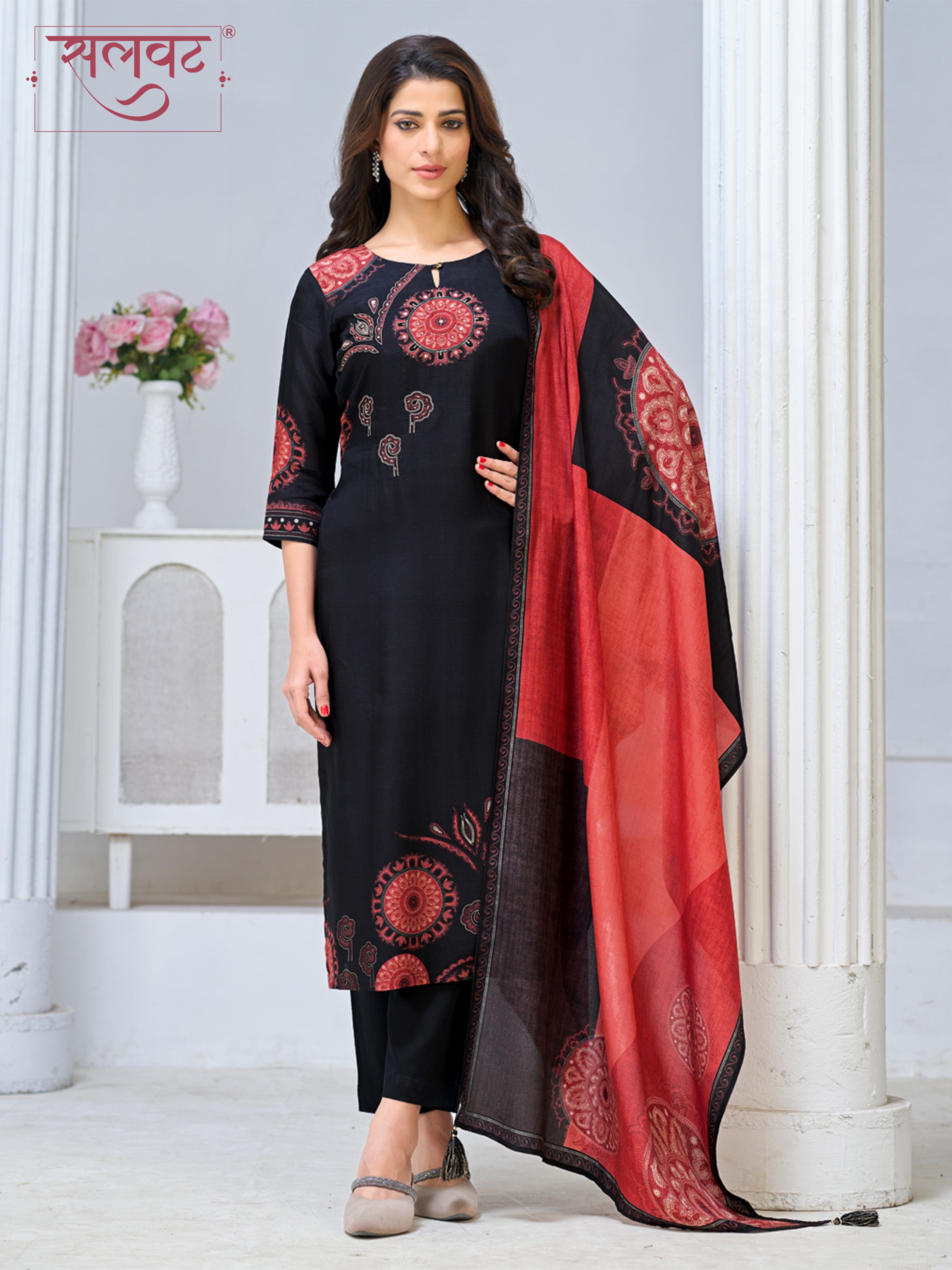 Black Viscose Kurta Set with Ethnic Printed Work, Paired with Cambric Cotton Bottom and a Contrasting Viscose Dupatta