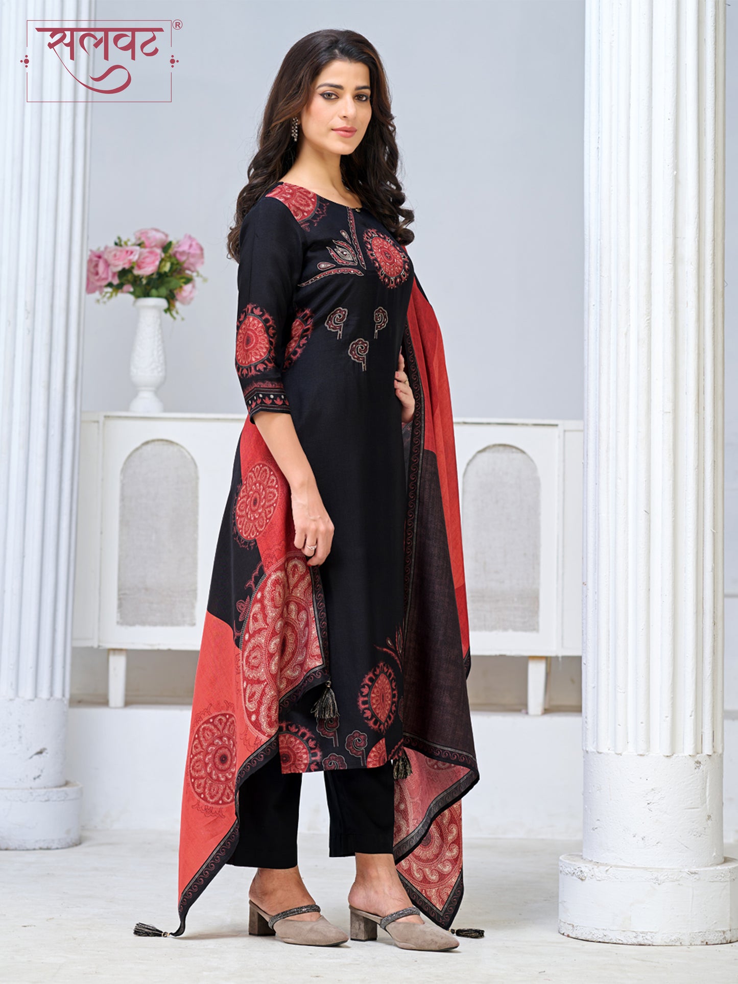 Black Viscose Kurta Set with Ethnic Printed Work, Paired with Cambric Cotton Bottom and a Contrasting Viscose Dupatta