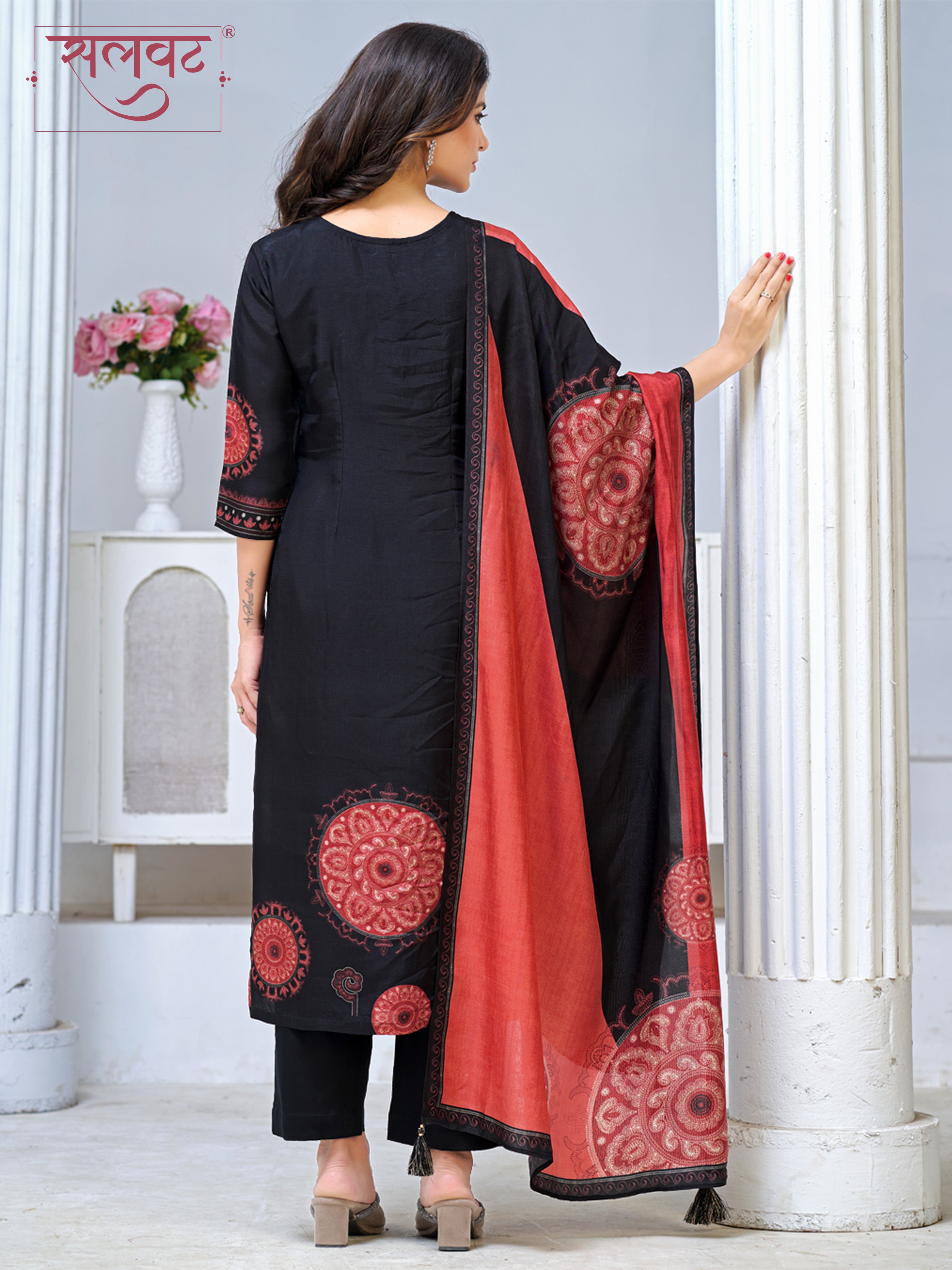 Black Viscose Kurta Set with Ethnic Printed Work, Paired with Cambric Cotton Bottom and a Contrasting Viscose Dupatta