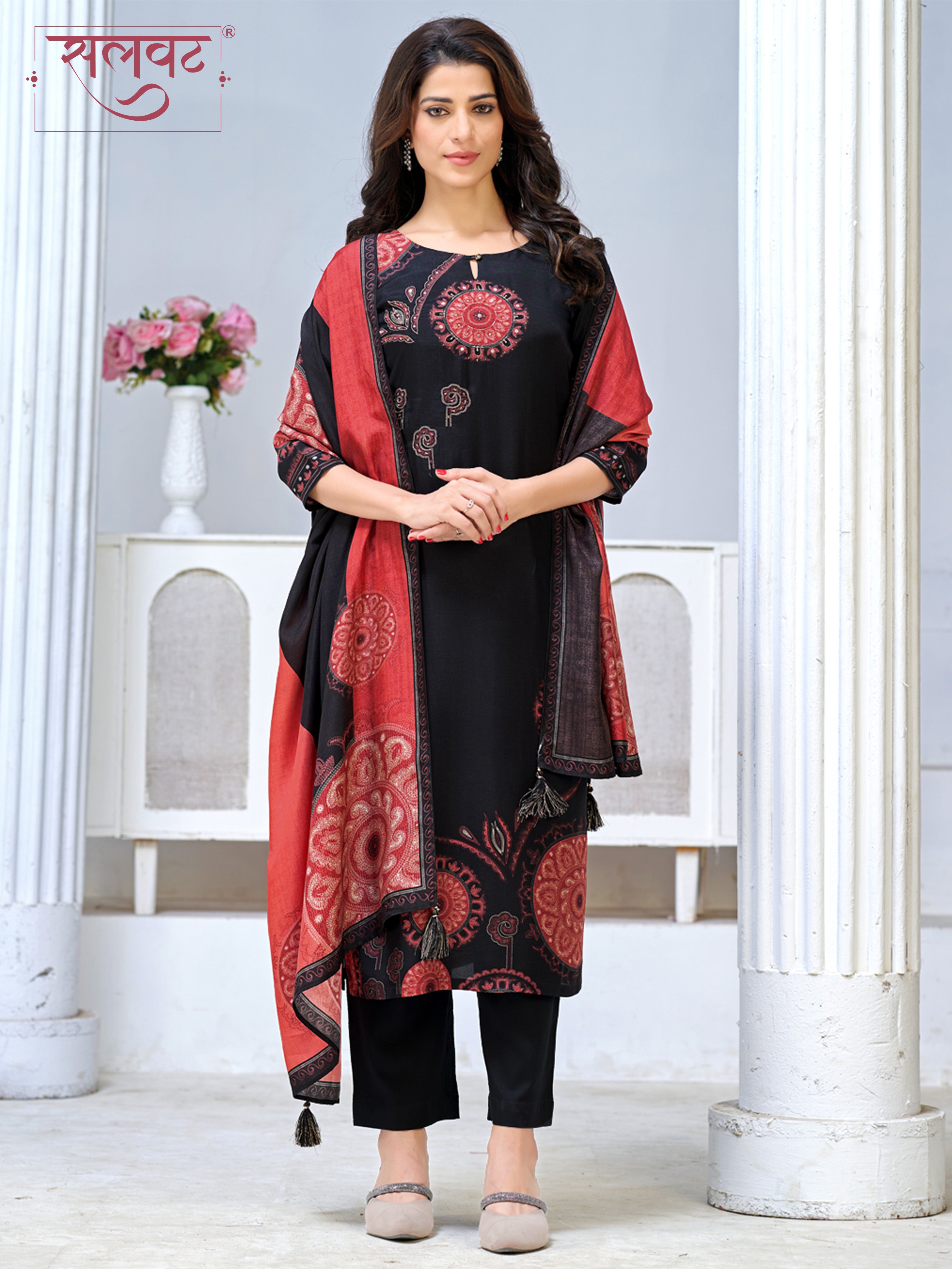 Black Viscose Kurta Set with Ethnic Printed Work, Paired with Cambric Cotton Bottom and a Contrasting Viscose Dupatta