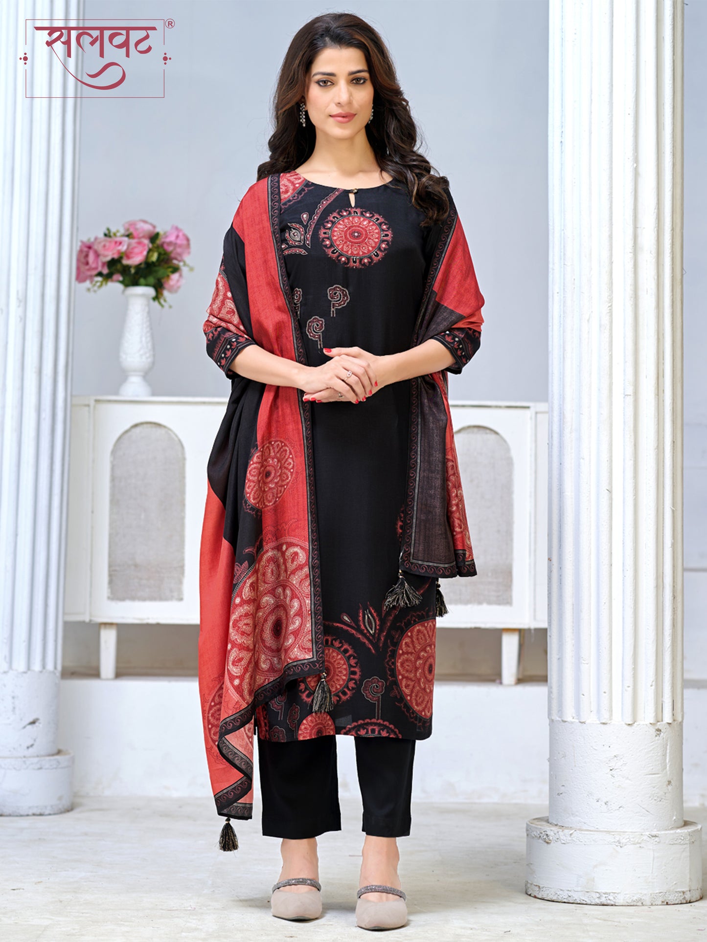 Black Viscose Kurta Set with Ethnic Printed Work, Paired with Cambric Cotton Bottom and a Contrasting Viscose Dupatta