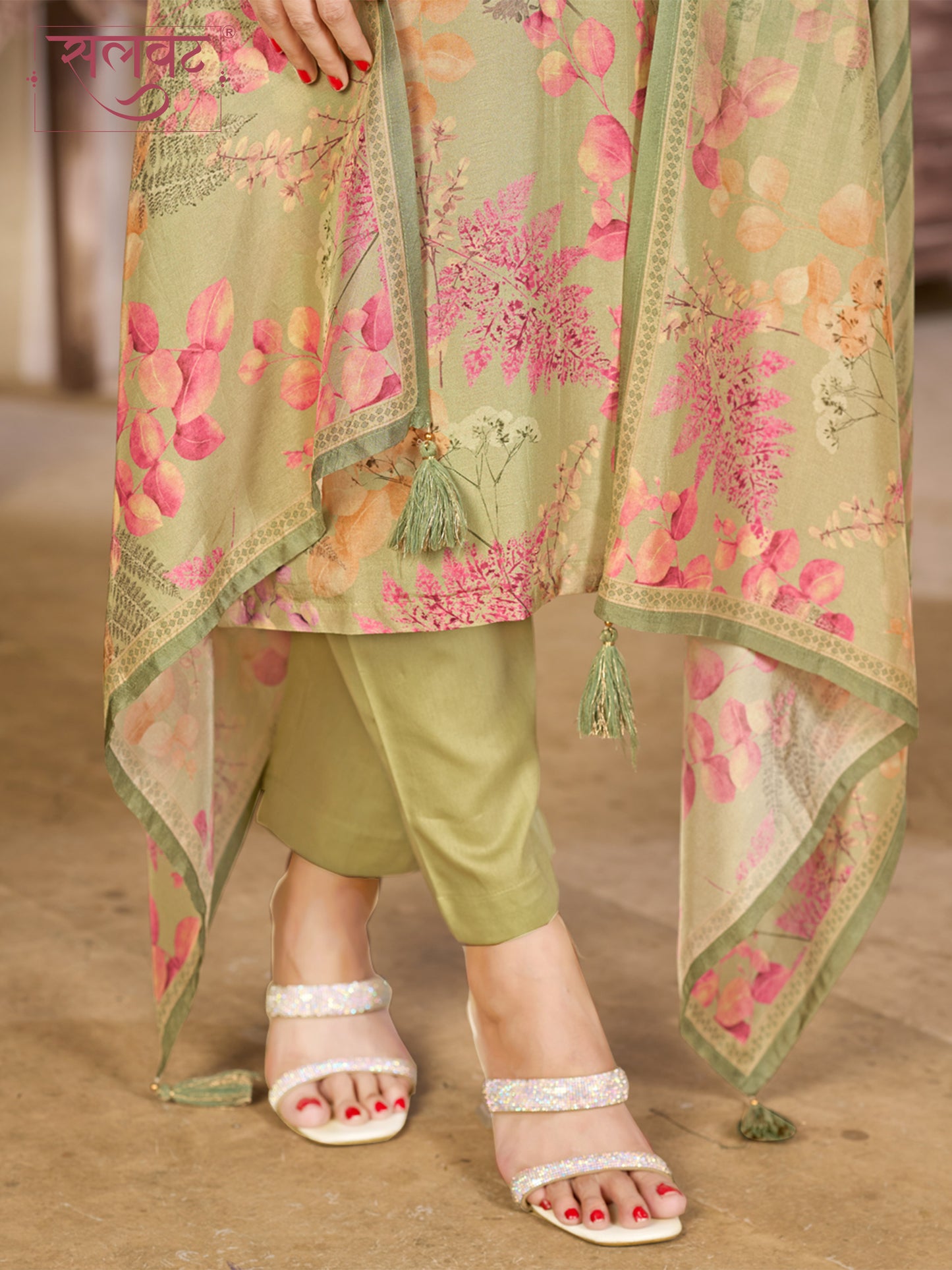 Pistachio Green Viscose Kurta Set with Floral Printed Work, Paired with Cambric Cotton Bottom and a Matching Viscose Dupatta