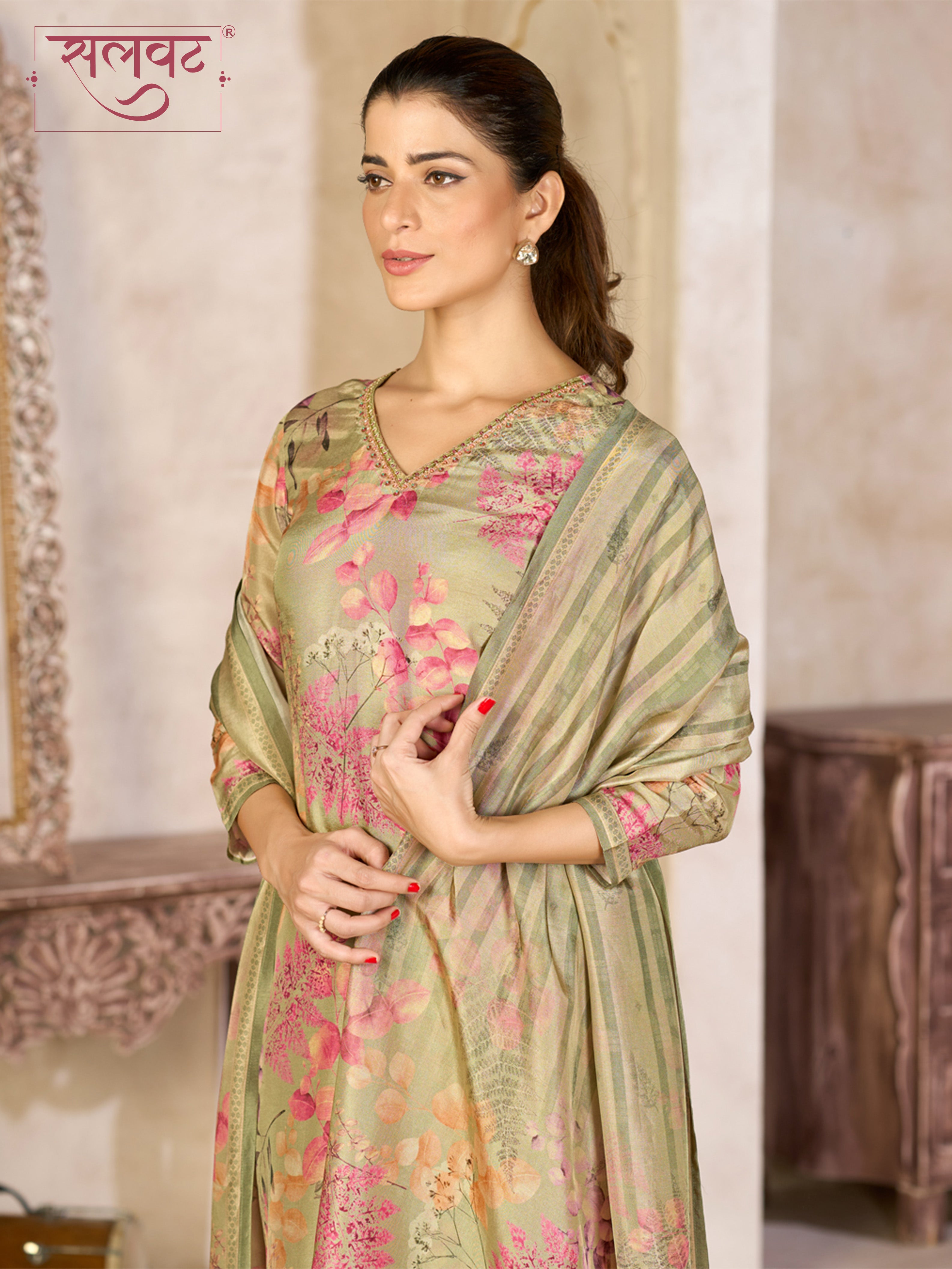 Pistachio Green Viscose Kurta Set with Floral Printed Work, Paired with Cambric Cotton Bottom and a Matching Viscose Dupatta