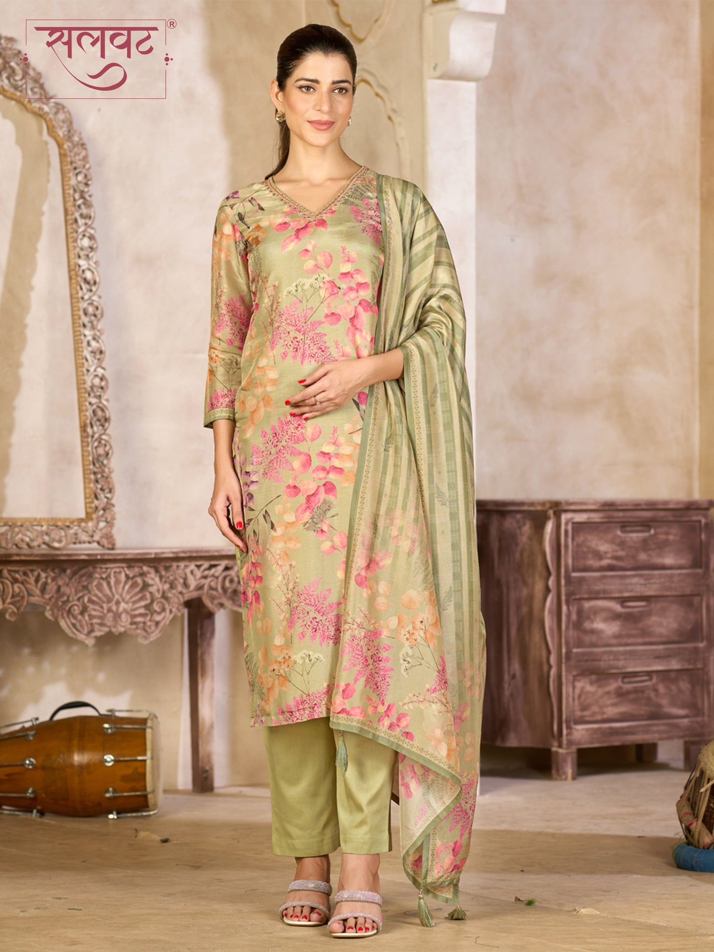 Pistachio Green Viscose Kurta Set with Floral Printed Work, Paired with Cambric Cotton Bottom and a Matching Viscose Dupatta