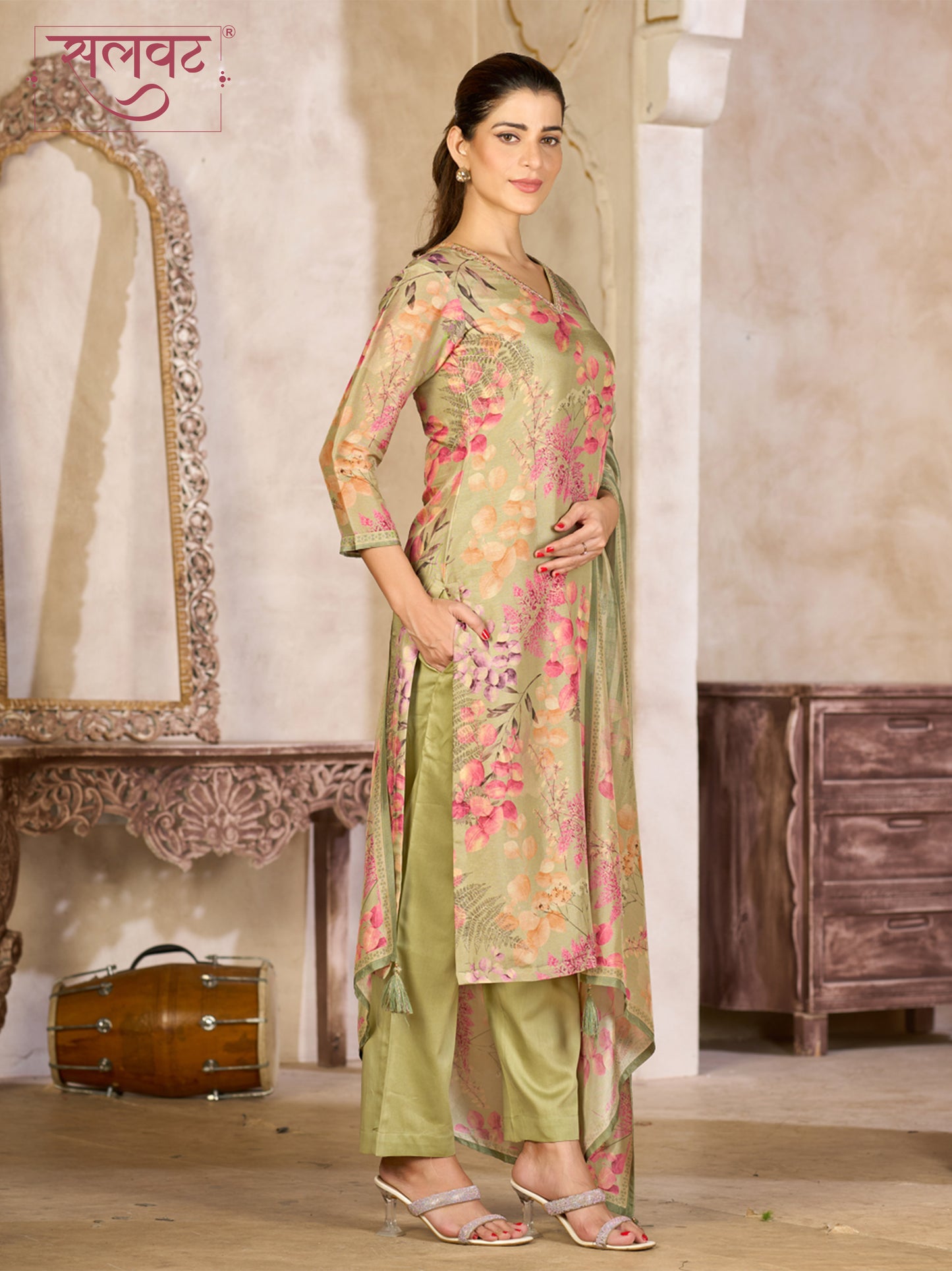 Pistachio Green Viscose Kurta Set with Floral Printed Work, Paired with Cambric Cotton Bottom and a Matching Viscose Dupatta