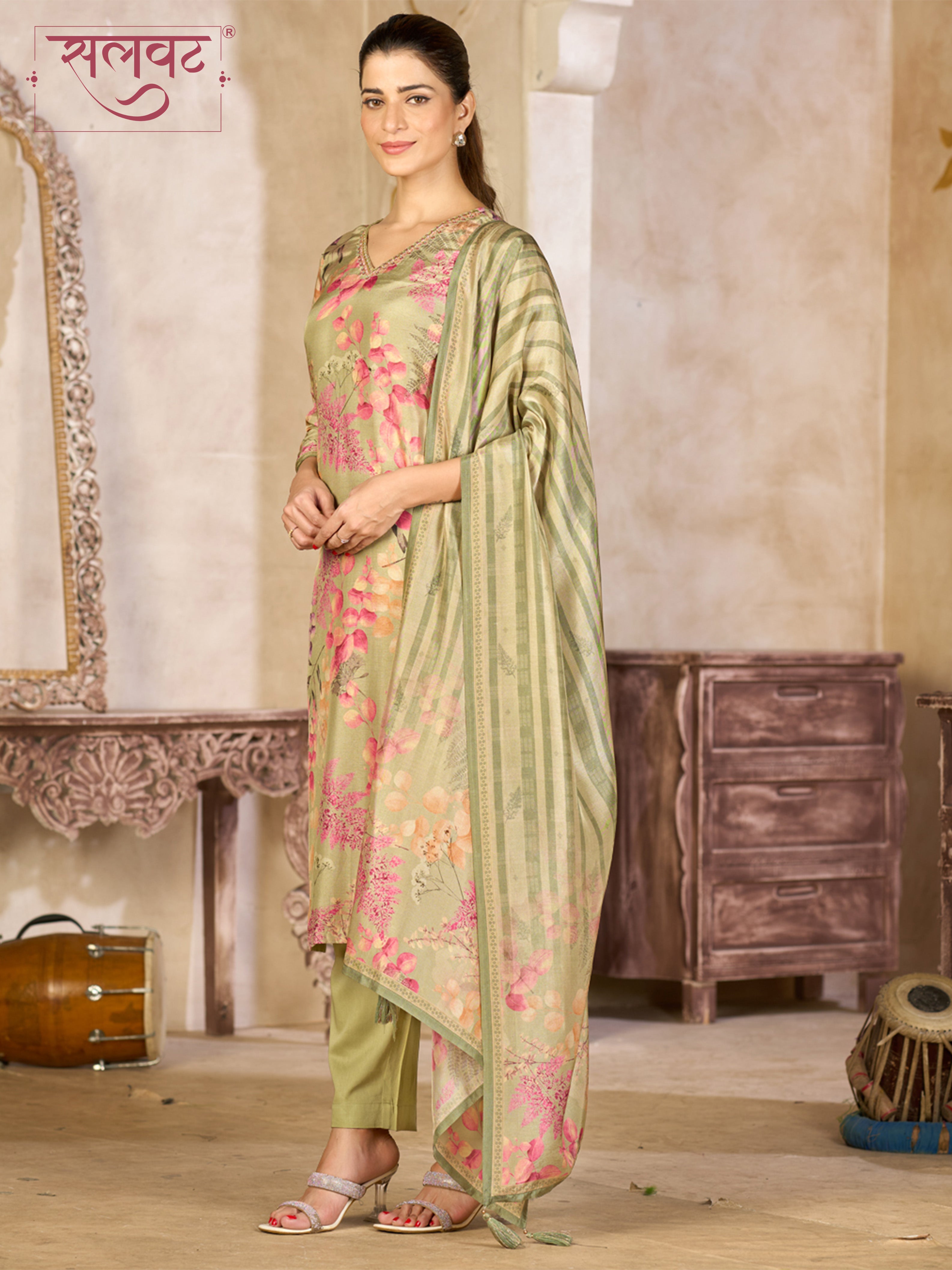 Pistachio Green Viscose Kurta Set with Floral Printed Work, Paired with Cambric Cotton Bottom and a Matching Viscose Dupatta