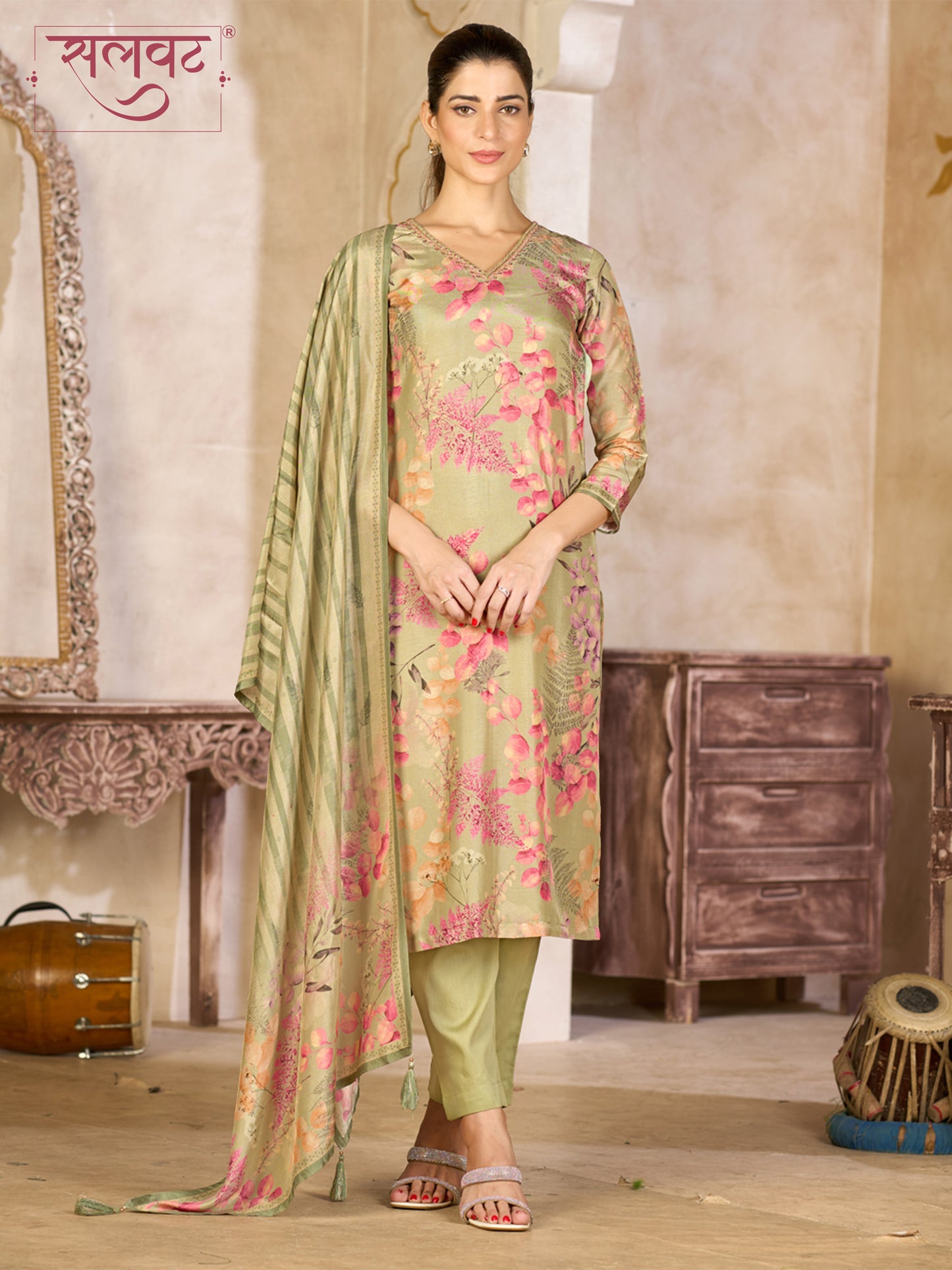 Pistachio Green Viscose Kurta Set with Floral Printed Work, Paired with Cambric Cotton Bottom and a Matching Viscose Dupatta