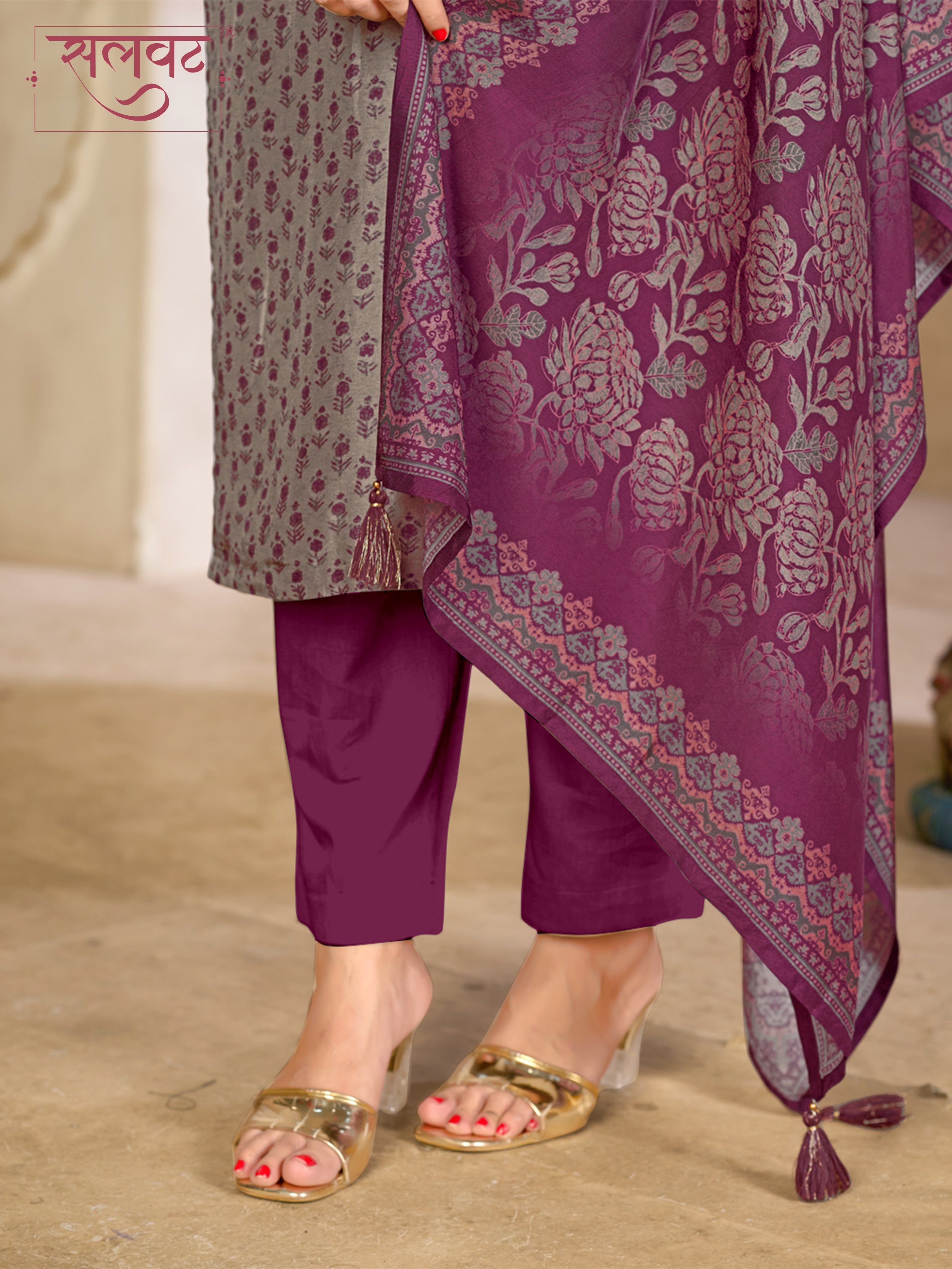 Lavender Grey Viscose Kurta Set with Intricate Printed Work, Paired with Cambric Cotton Bottom and a Jacquard Viscose Dupatta