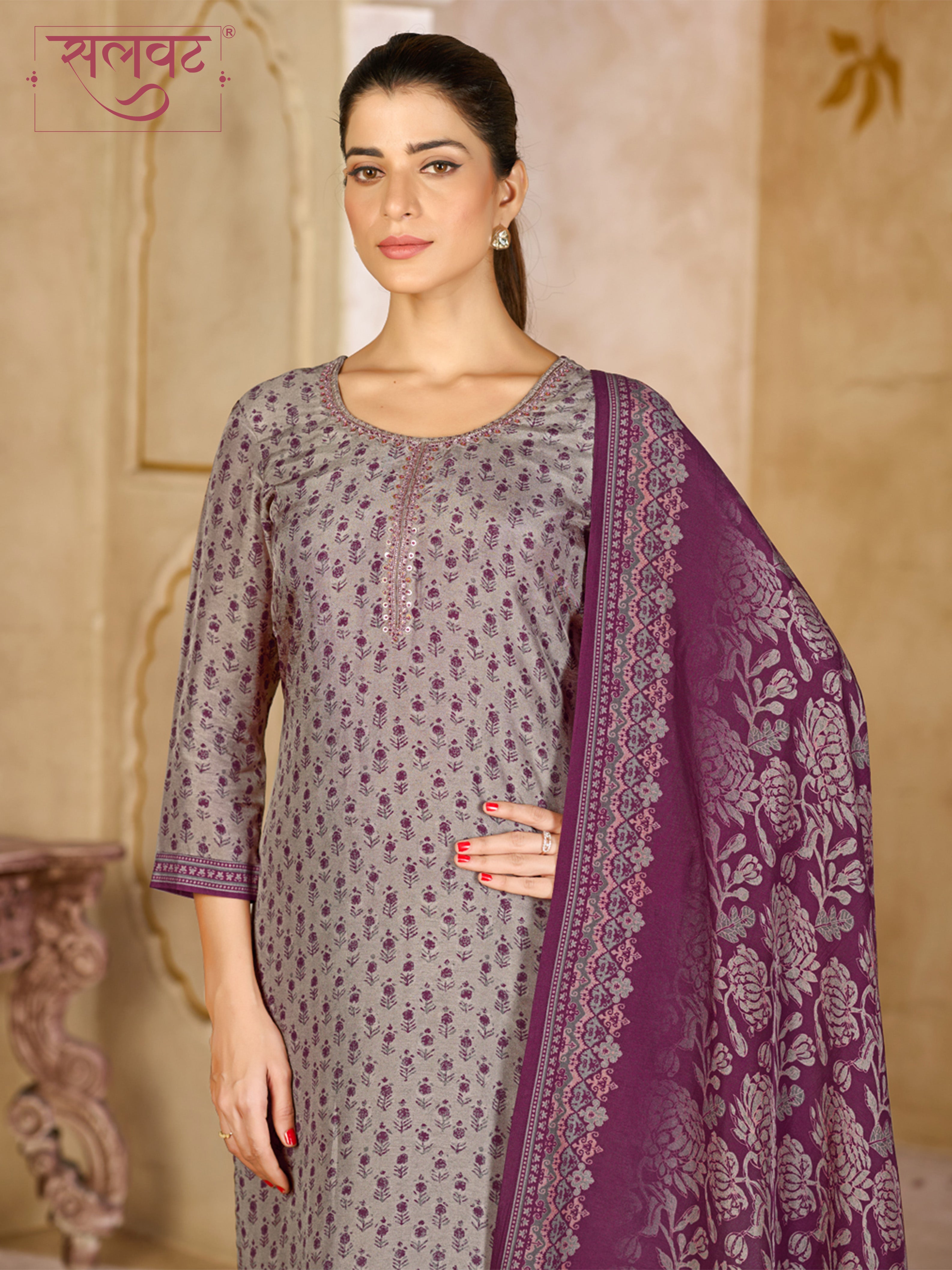 Lavender Grey Viscose Kurta Set with Intricate Printed Work, Paired with Cambric Cotton Bottom and a Jacquard Viscose Dupatta