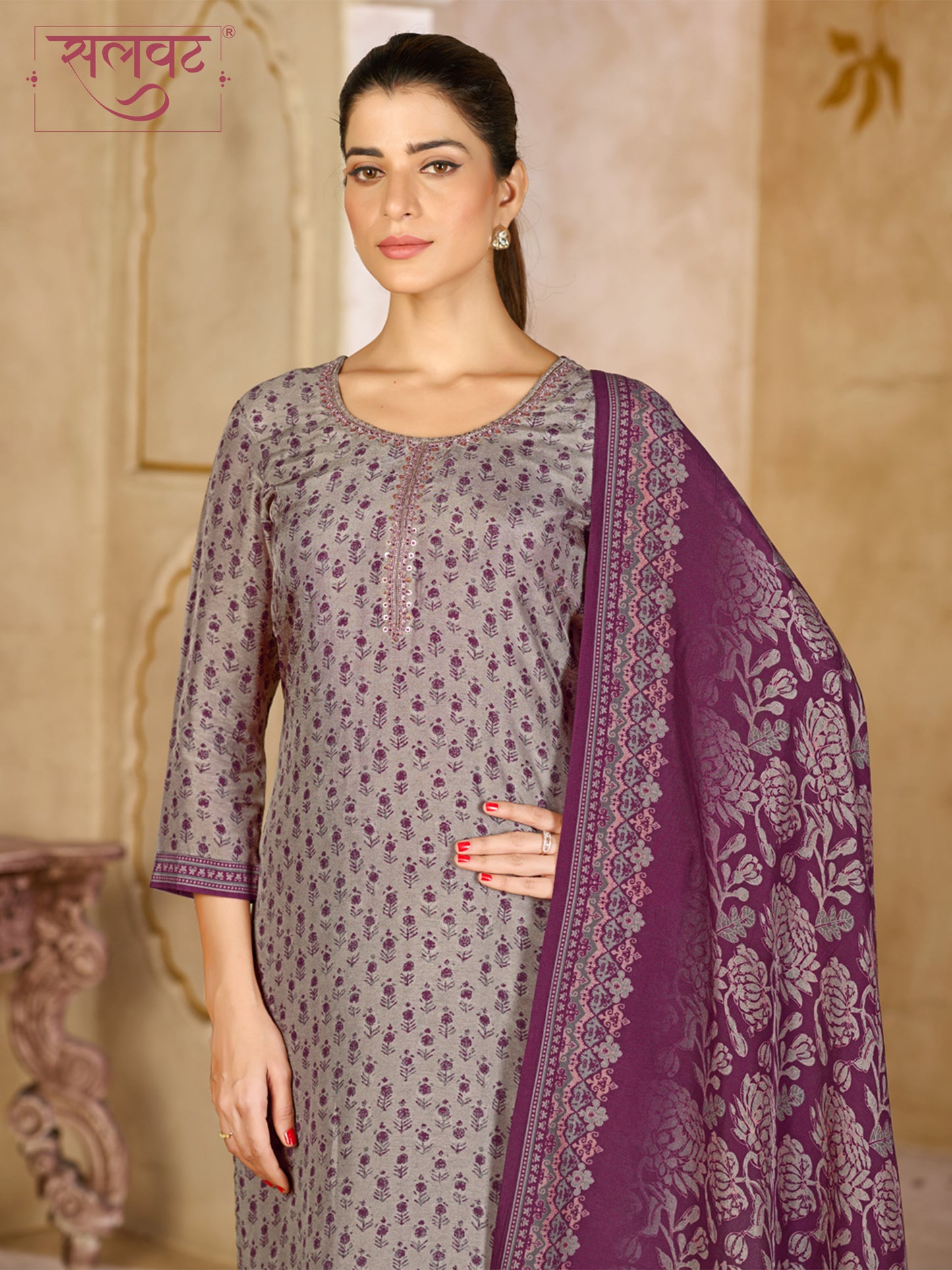 Lavender Grey Viscose Kurta Set with Intricate Printed Work, Paired with Cambric Cotton Bottom and a Jacquard Viscose Dupatta
