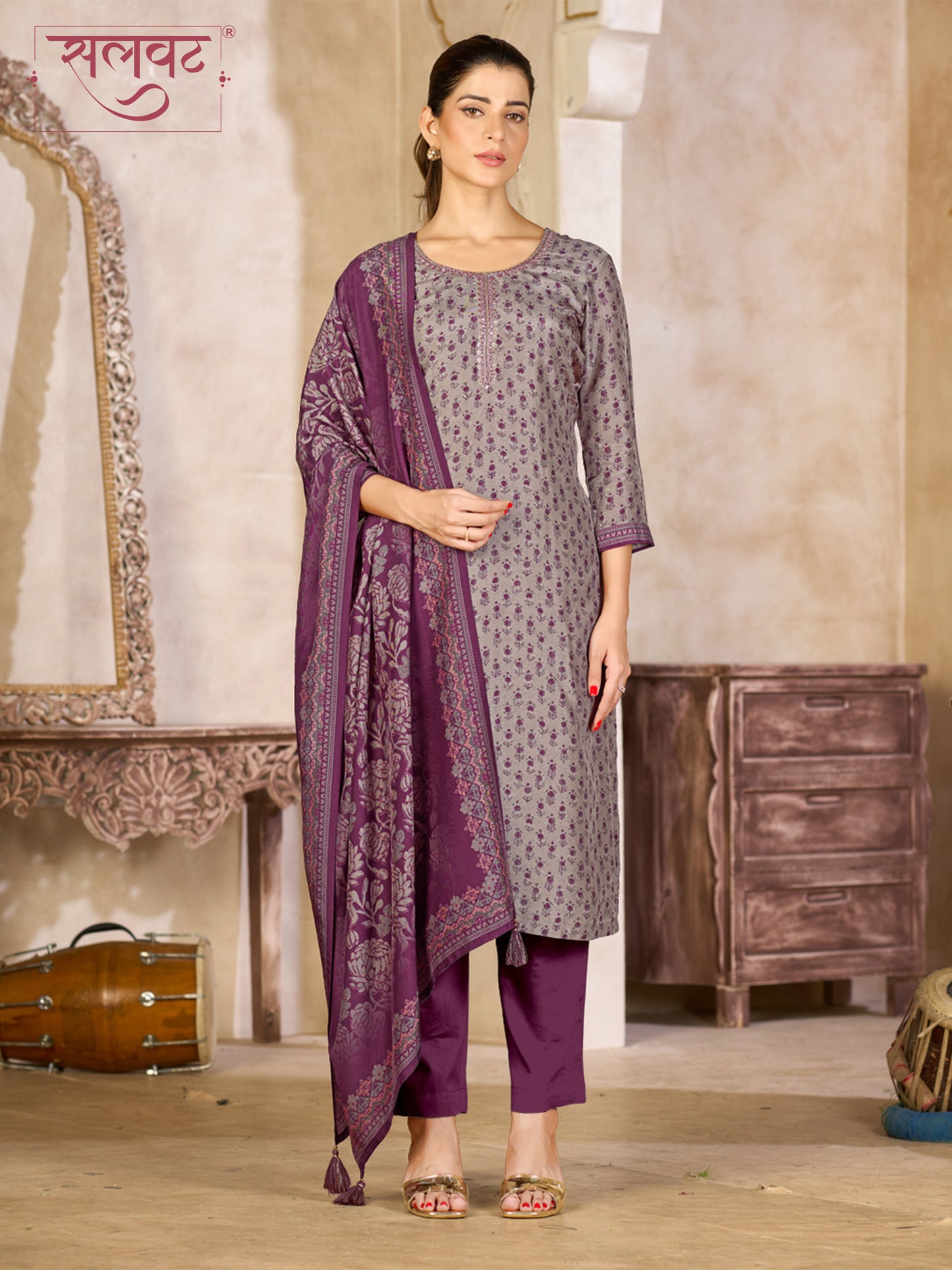 Lavender Grey Viscose Kurta Set with Intricate Printed Work, Paired with Cambric Cotton Bottom and a Jacquard Viscose Dupatta