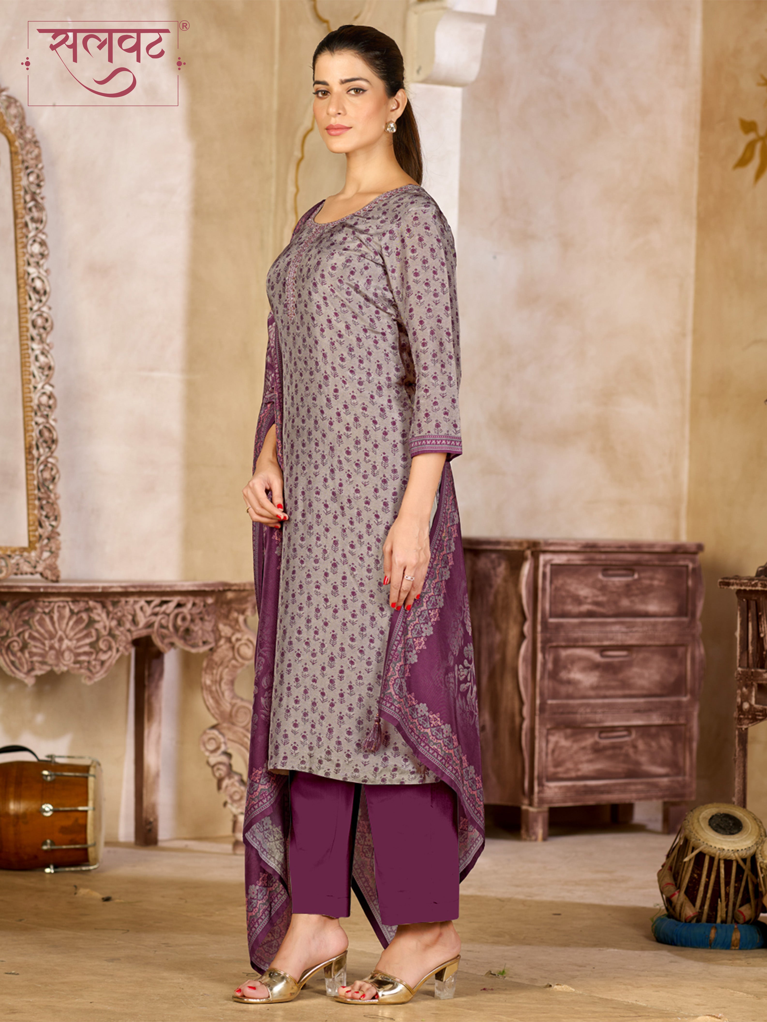 Lavender Grey Viscose Kurta Set with Intricate Printed Work, Paired with Cambric Cotton Bottom and a Jacquard Viscose Dupatta