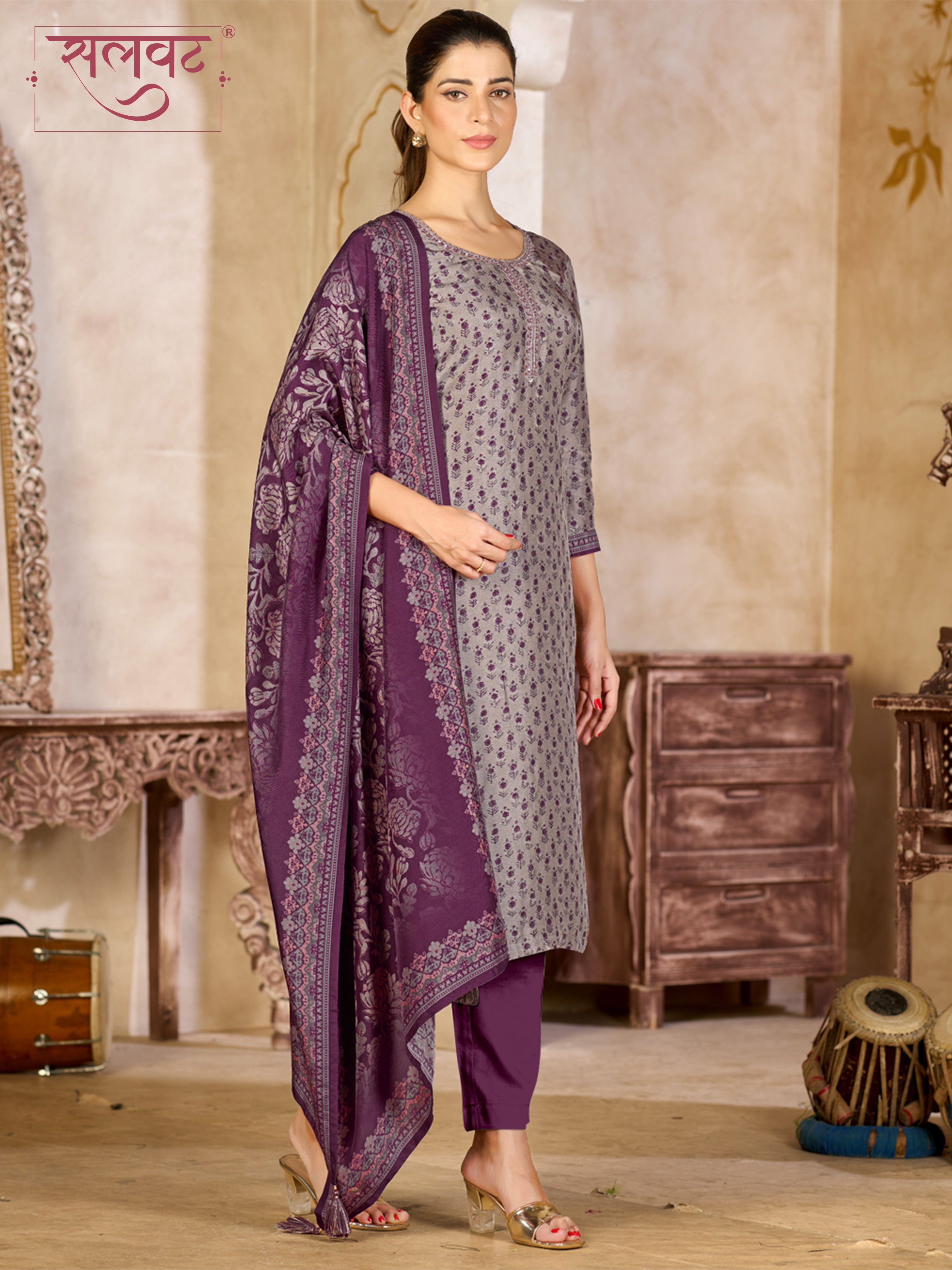 Lavender Grey Viscose Kurta Set with Intricate Printed Work, Paired with Cambric Cotton Bottom and a Jacquard Viscose Dupatta