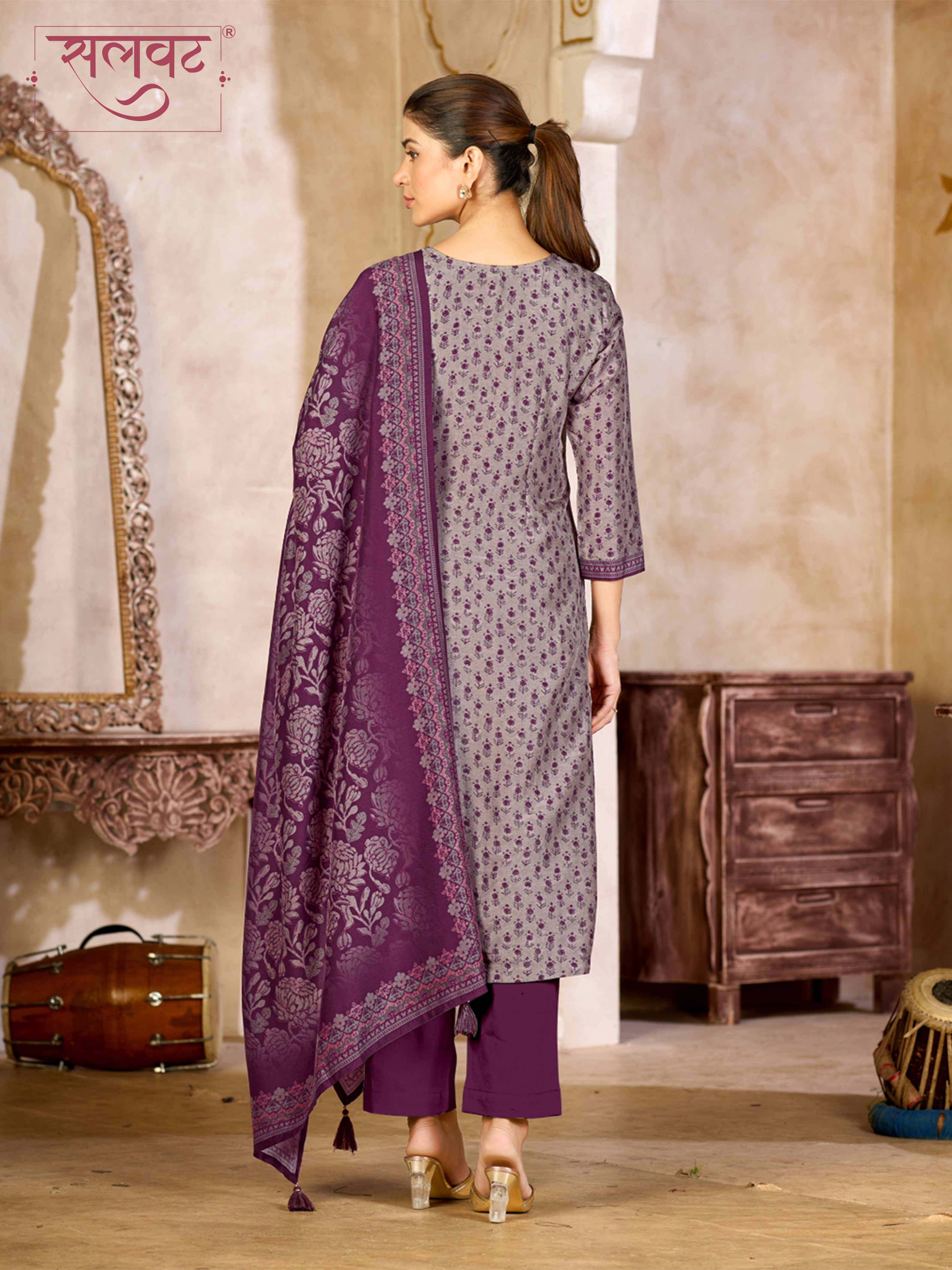 Lavender Grey Viscose Kurta Set with Intricate Printed Work, Paired with Cambric Cotton Bottom and a Jacquard Viscose Dupatta