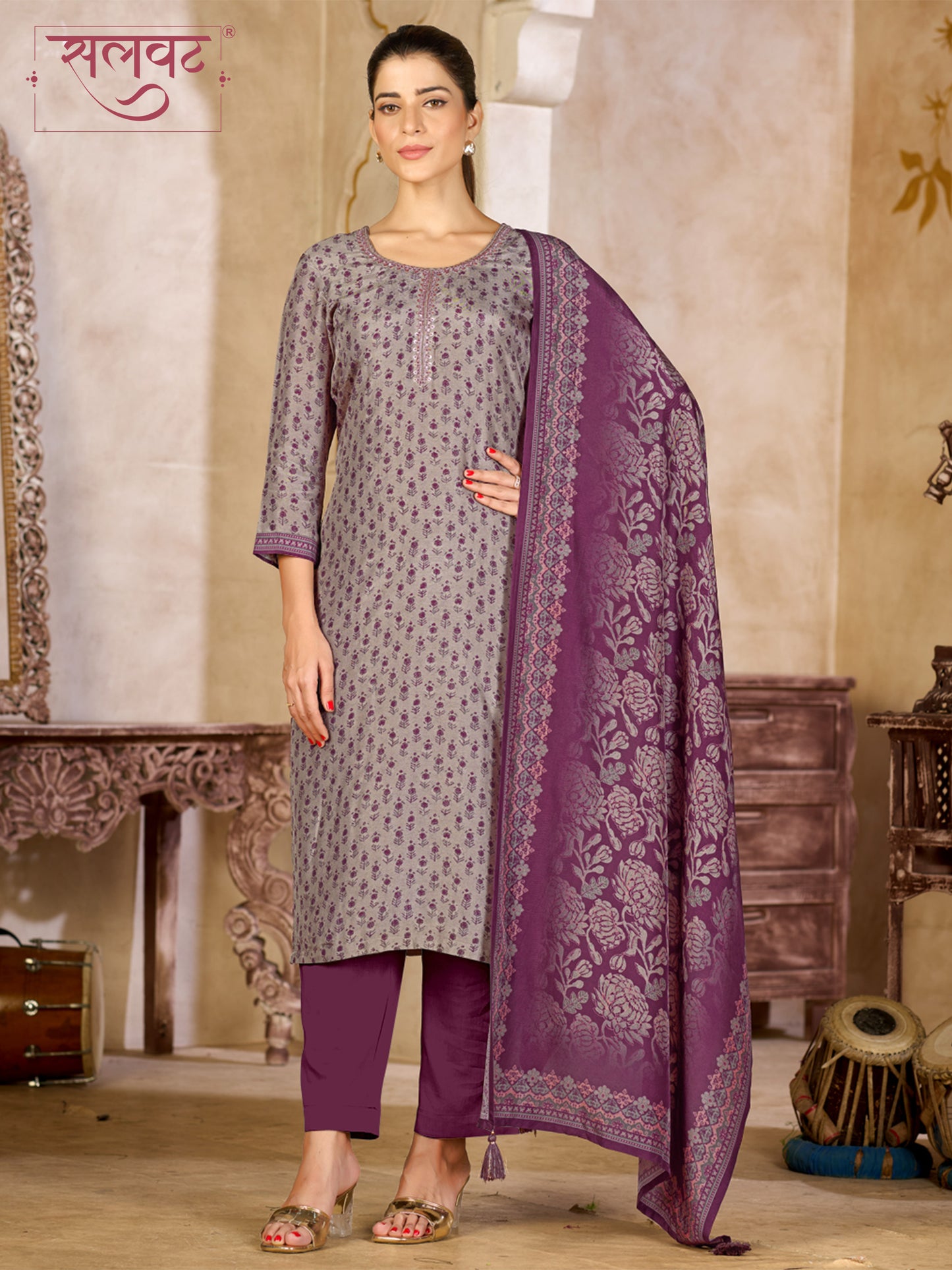 Lavender Grey Viscose Kurta Set with Intricate Printed Work, Paired with Cambric Cotton Bottom and a Jacquard Viscose Dupatta