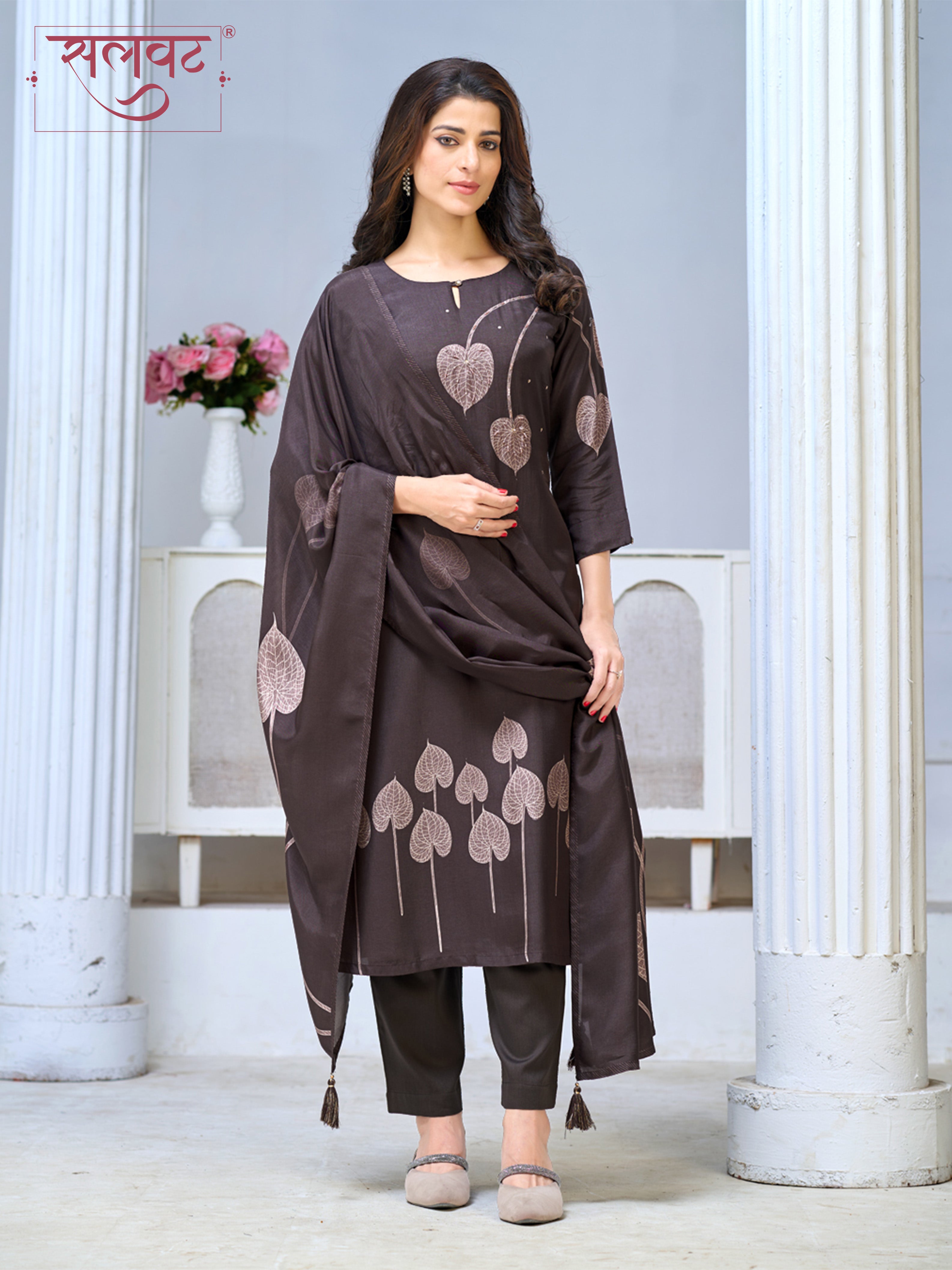 Chocolate Brown Viscose Kurta Set with Leaf Motif Print, Paired with Solid Bottom and Coordinated Dupatta