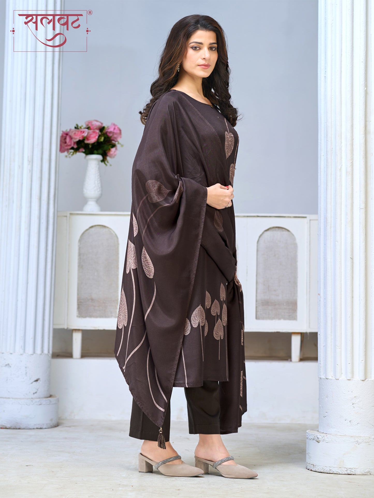 Chocolate Brown Viscose Kurta Set with Leaf Motif Print, Paired with Solid Bottom and Coordinated Dupatta