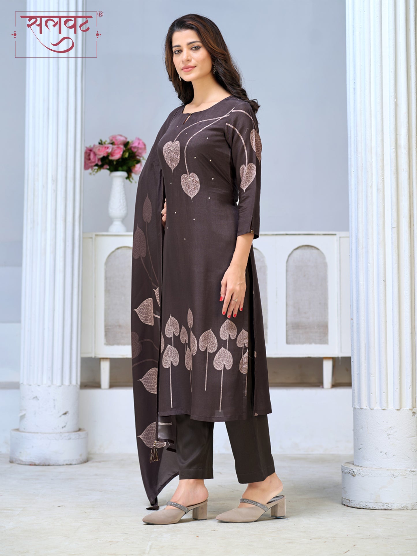 Chocolate Brown Viscose Kurta Set with Leaf Motif Print, Paired with Solid Bottom and Coordinated Dupatta