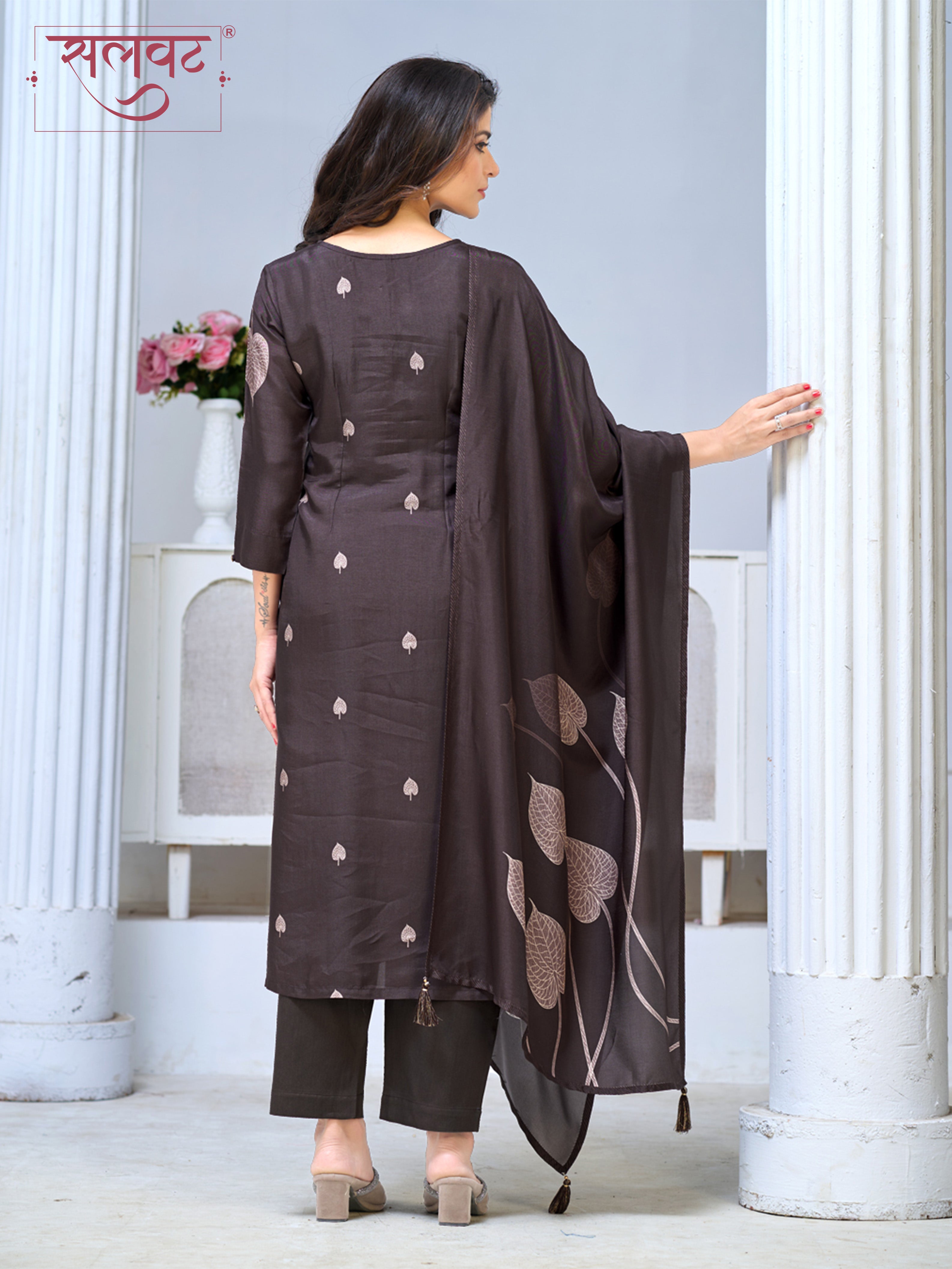 Chocolate Brown Viscose Kurta Set with Leaf Motif Print, Paired with Solid Bottom and Coordinated Dupatta