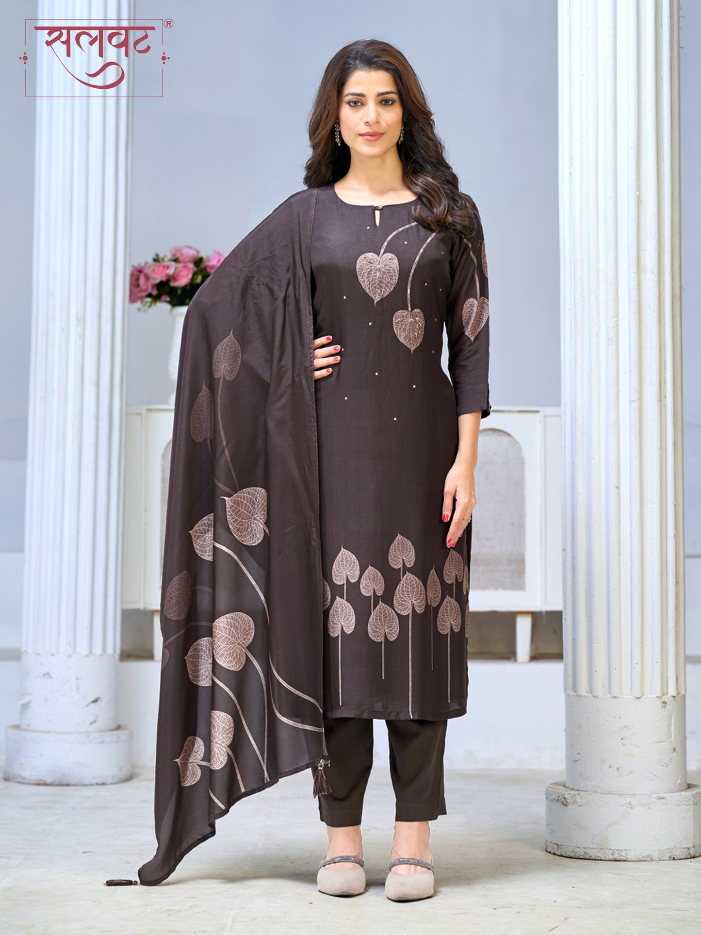 Chocolate Brown Viscose Kurta Set with Leaf Motif Print, Paired with Solid Bottom and Coordinated Dupatta