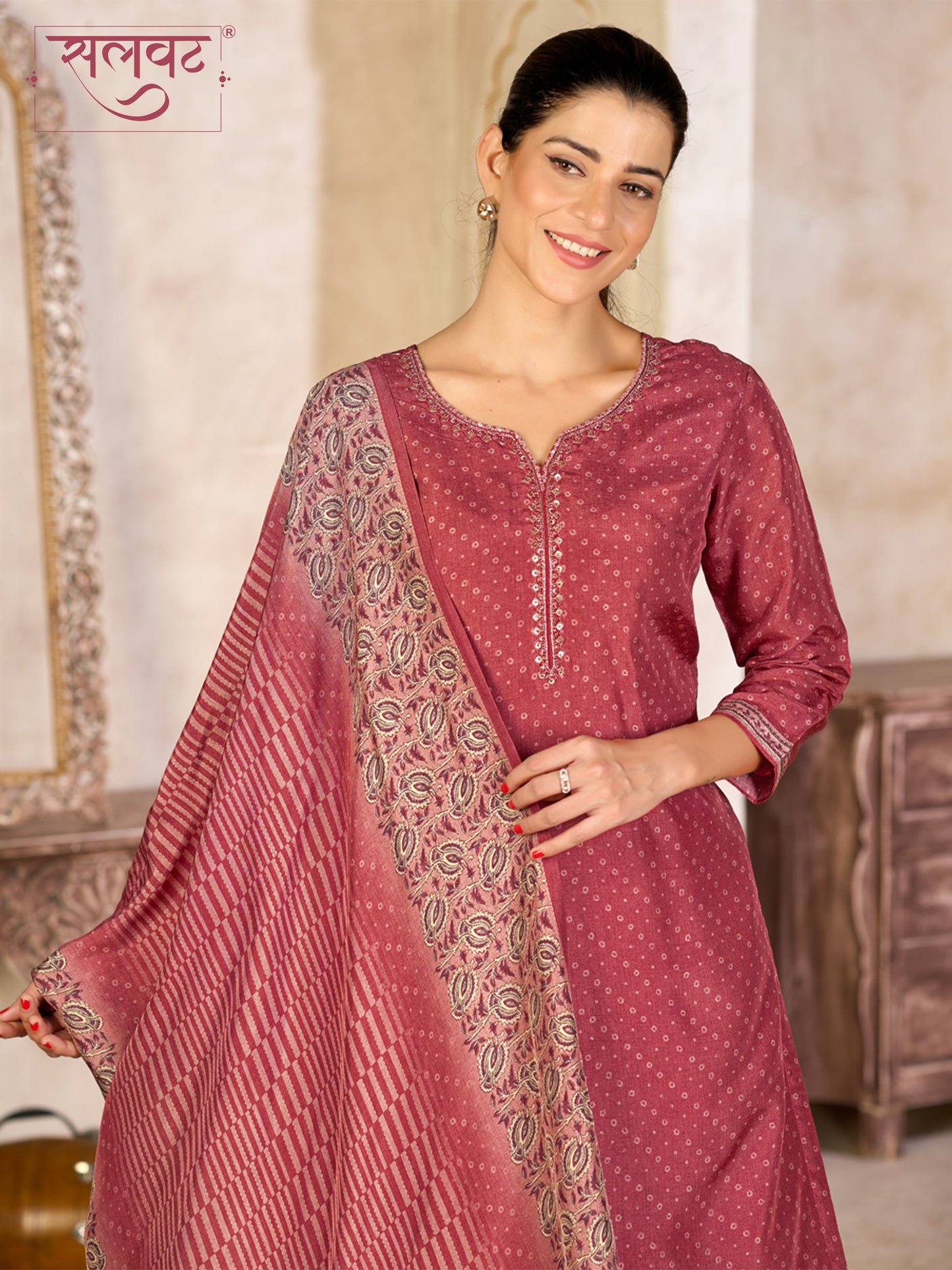 Dusty Red Viscose Kurta Set with Subtle Print and Woven Viscose Dupatta