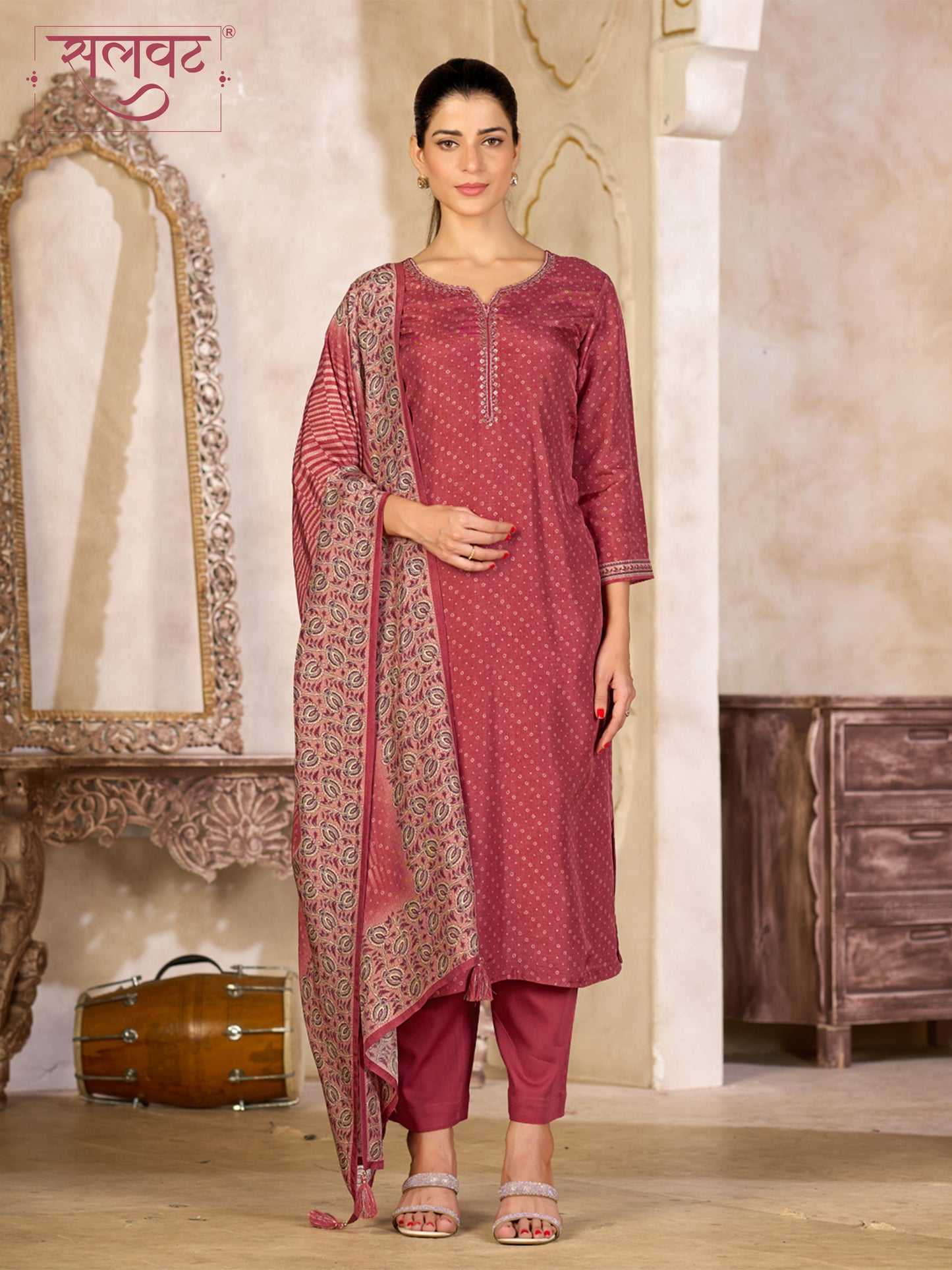 Dusty Red Viscose Kurta Set with Subtle Print and Woven Viscose Dupatta