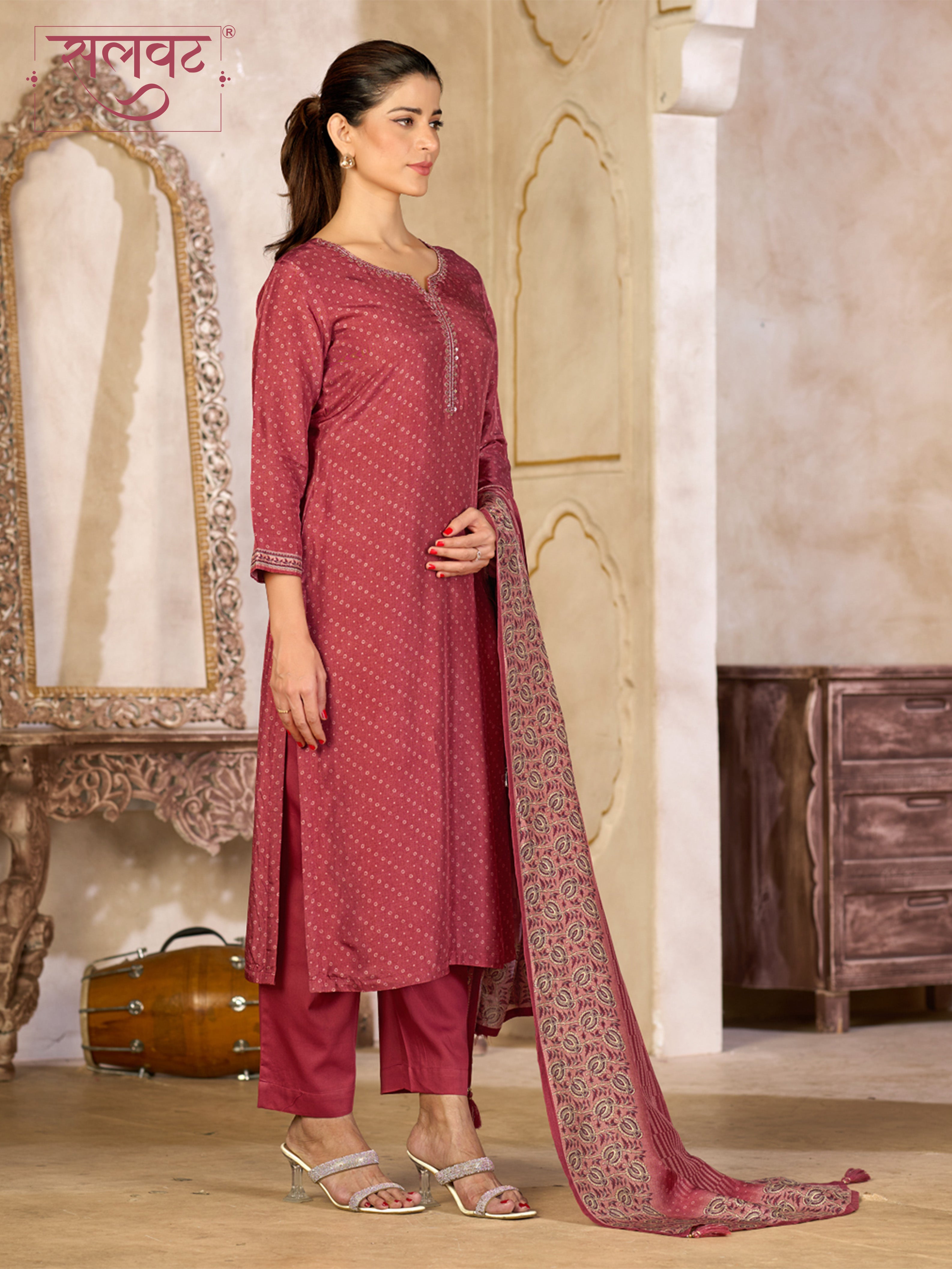 Dusty Red Viscose Kurta Set with Subtle Print and Woven Viscose Dupatta