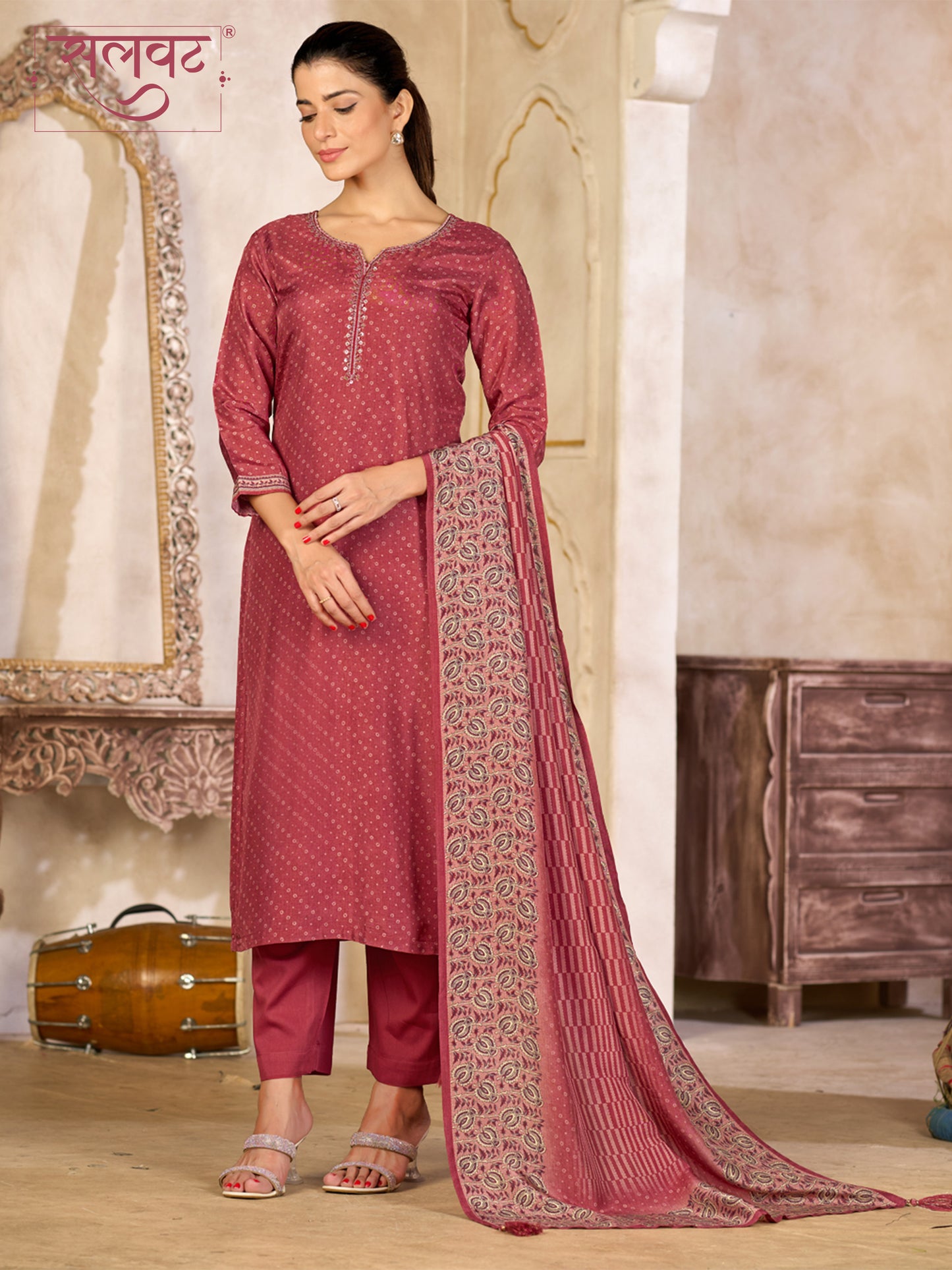 Dusty Red Viscose Kurta Set with Subtle Print and Woven Viscose Dupatta