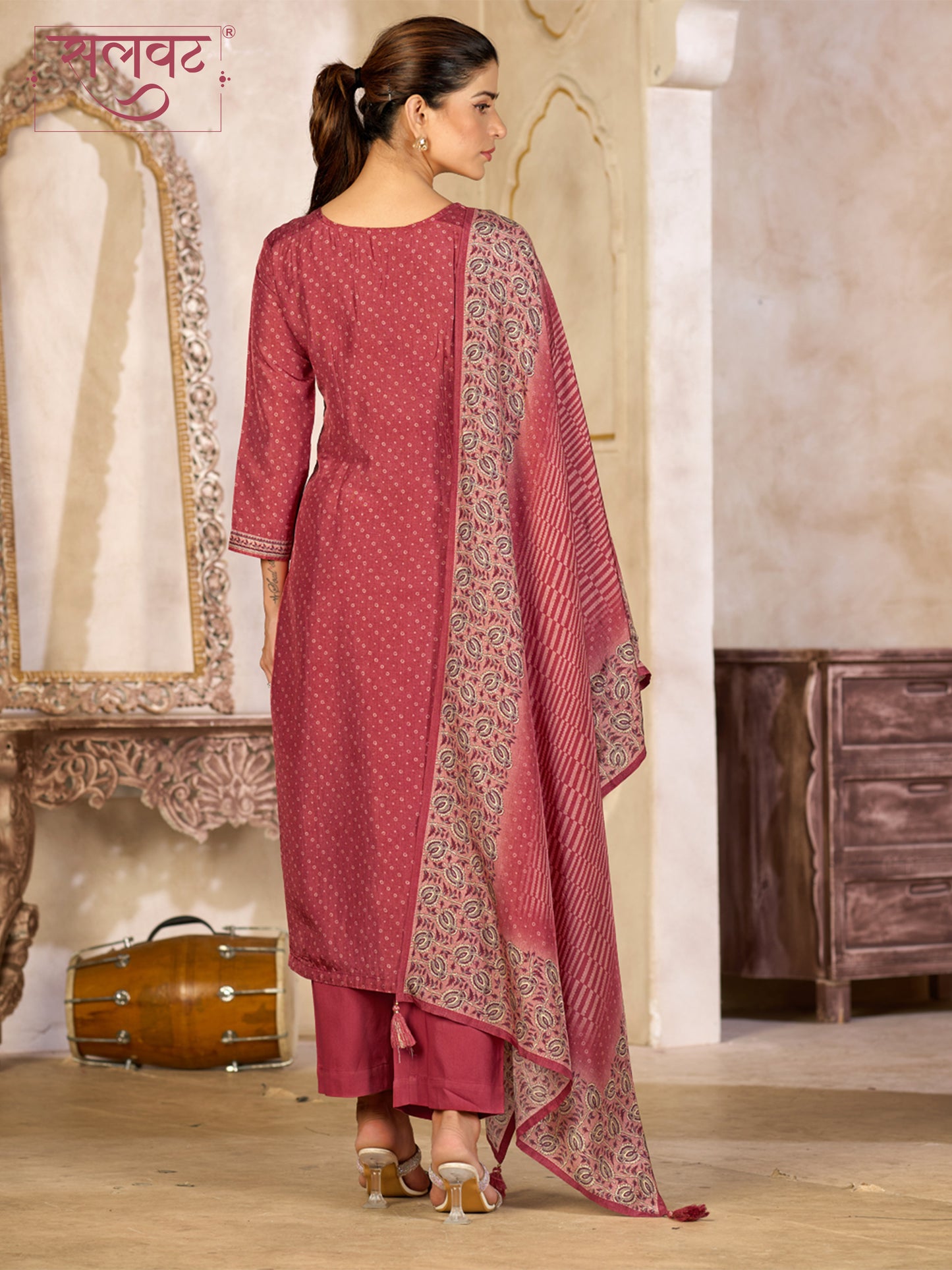 Dusty Red Viscose Kurta Set with Subtle Print and Woven Viscose Dupatta