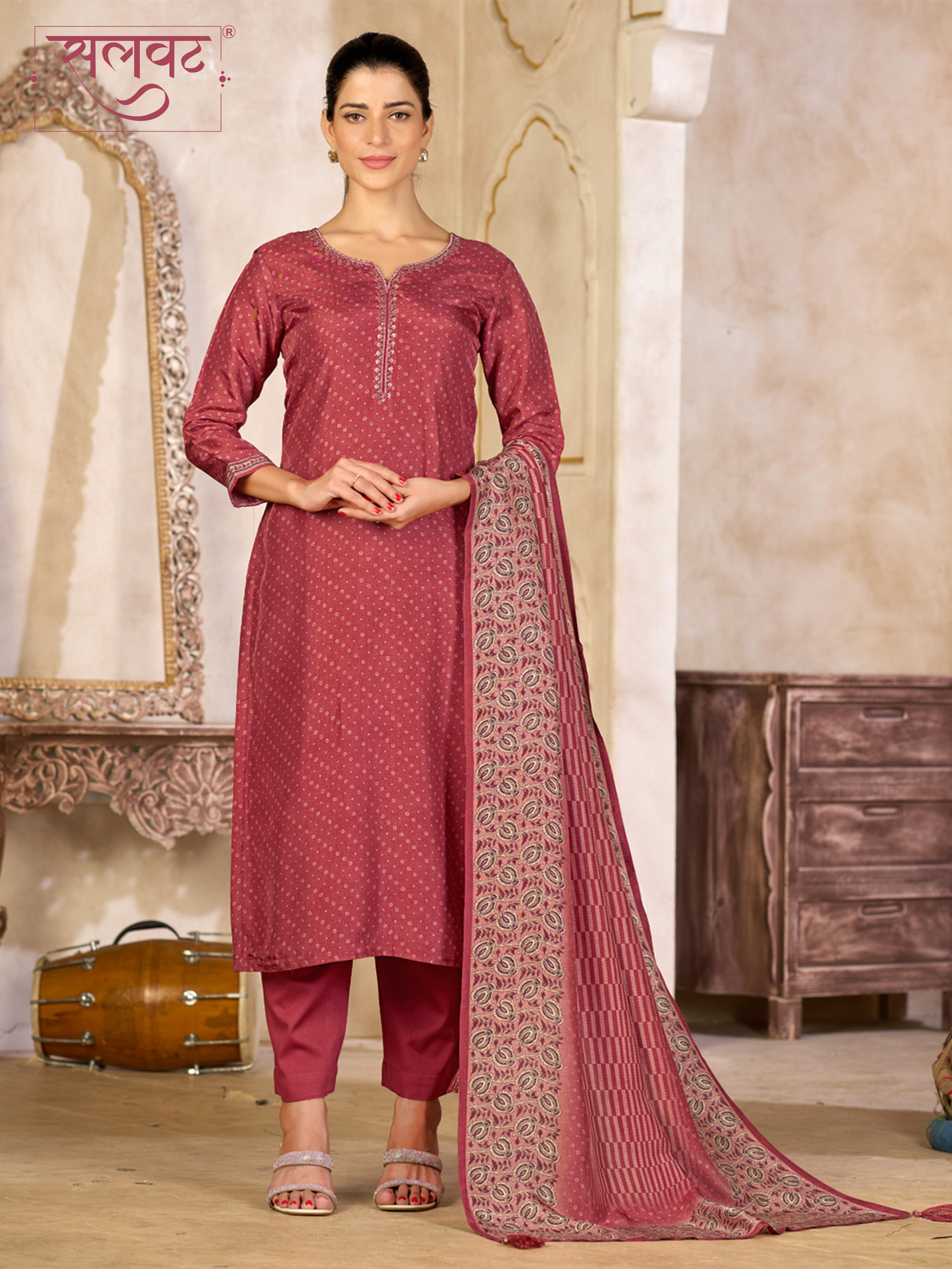 Dusty Red Viscose Kurta Set with Subtle Print and Woven Viscose Dupatta