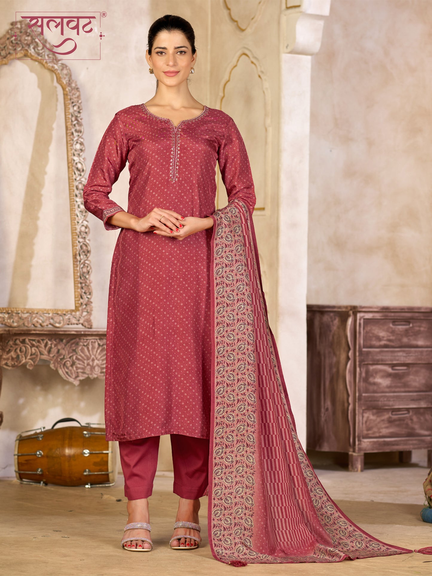 Dusty Red Viscose Kurta Set with Subtle Print and Woven Viscose Dupatta
