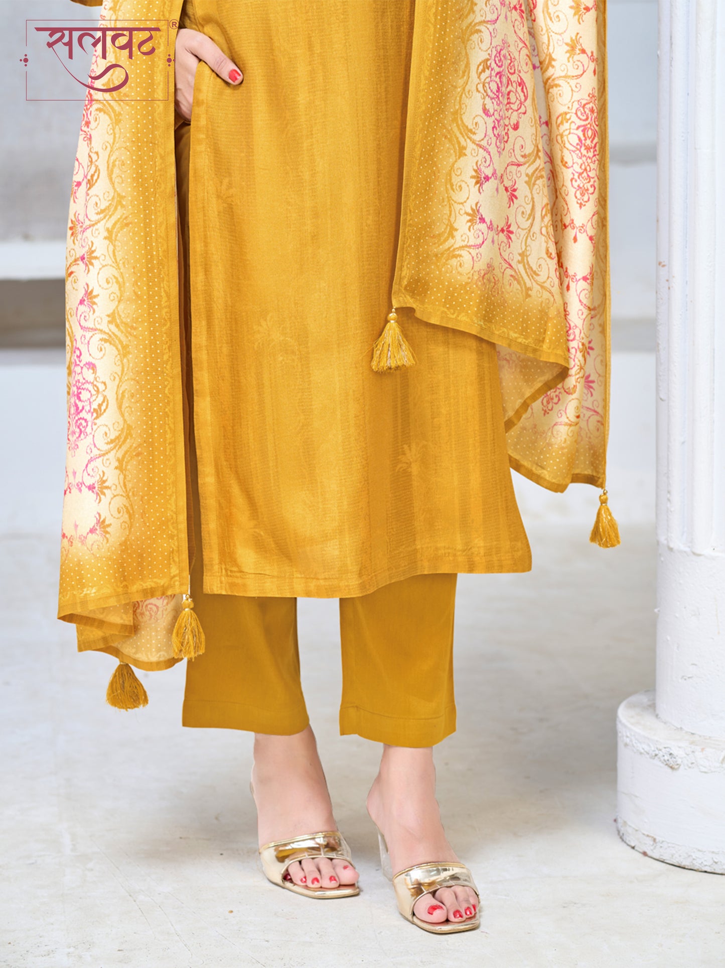 Mustard Yellow Viscose Kurta Set with Subtle Textured Weave, Paired with Solid Bottom and Printed Dupatta