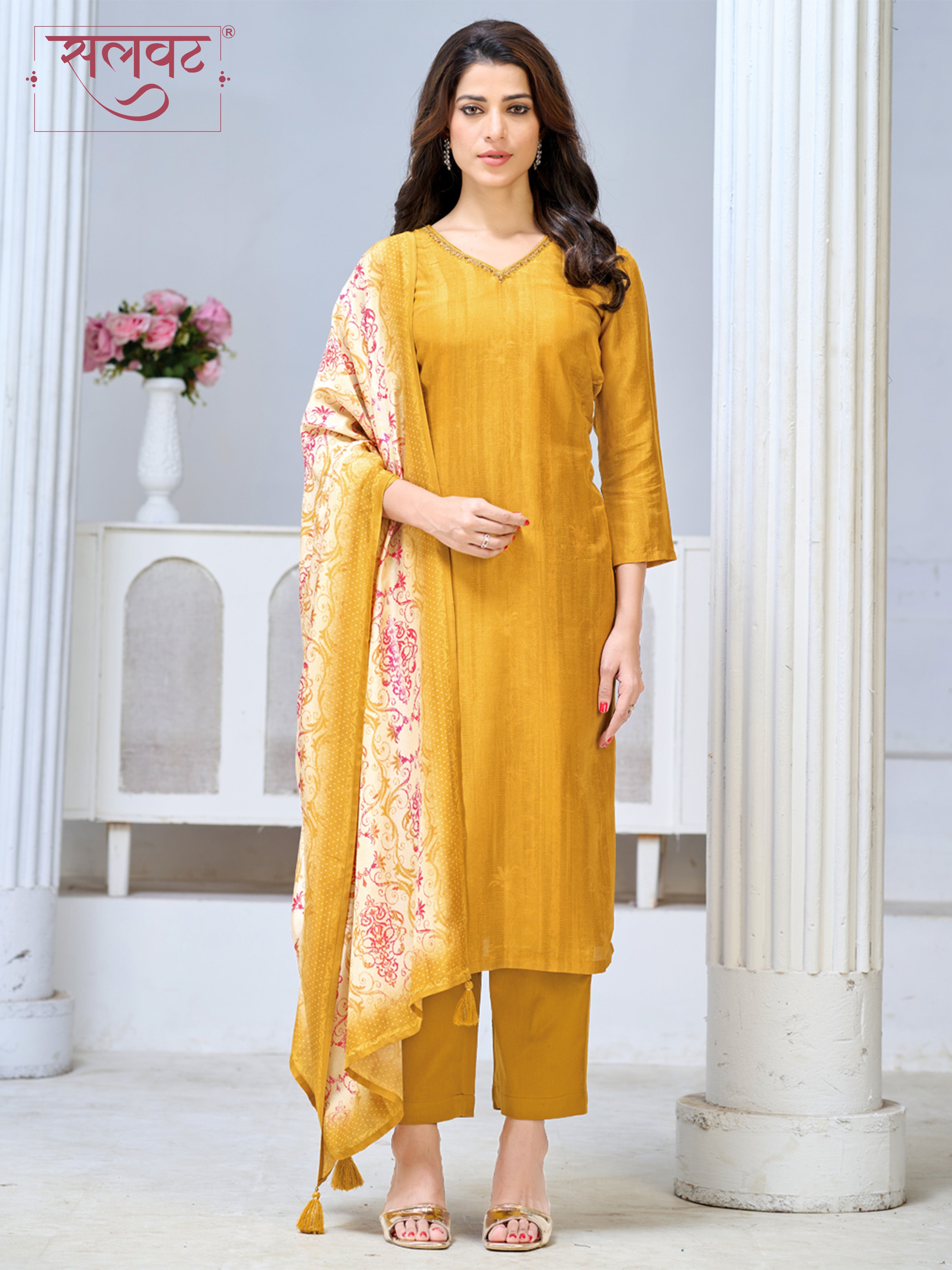 Mustard Yellow Viscose Kurta Set with Subtle Textured Weave, Paired with Solid Bottom and Printed Dupatta