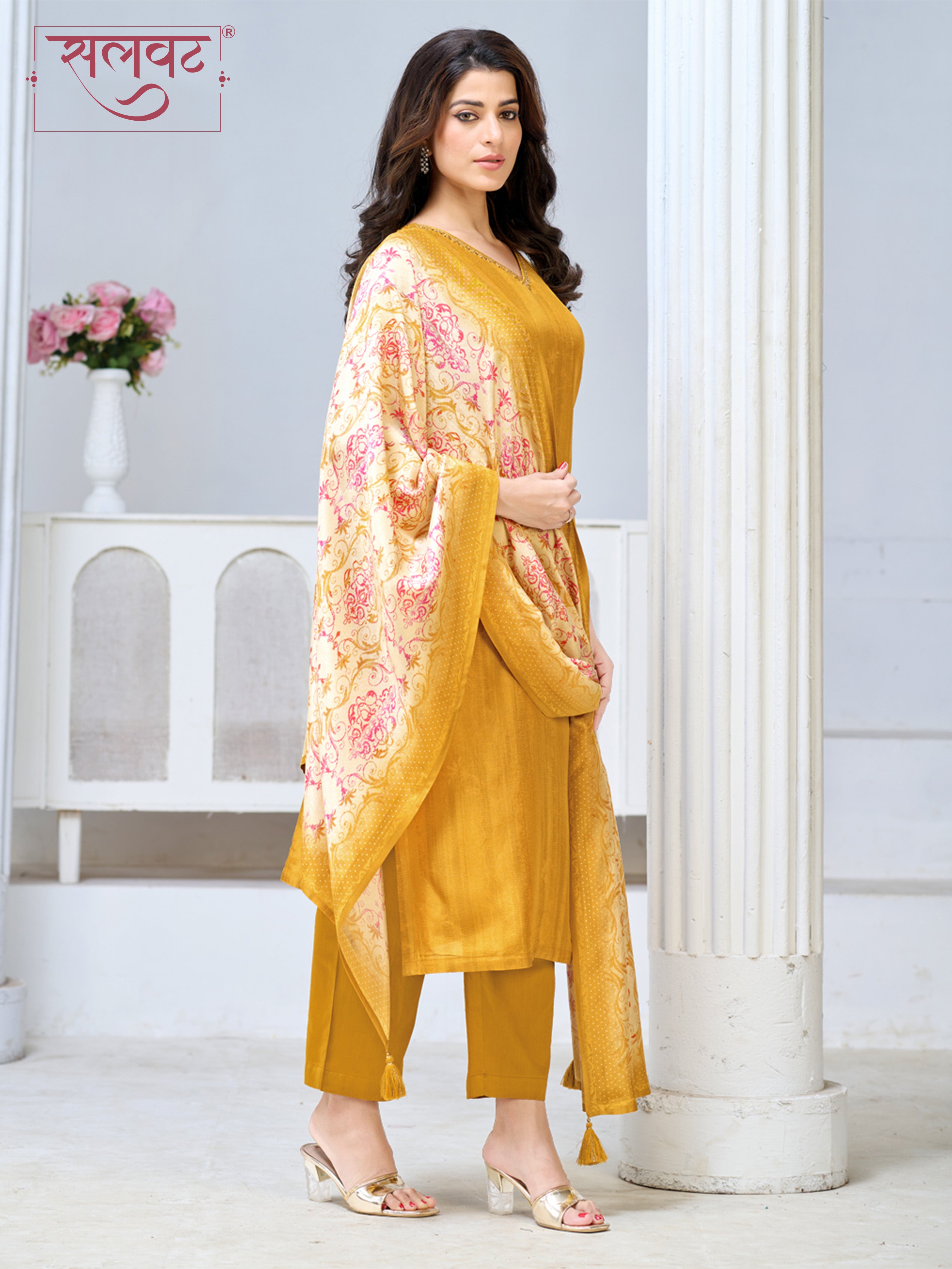 Mustard Yellow Viscose Kurta Set with Subtle Textured Weave, Paired with Solid Bottom and Printed Dupatta