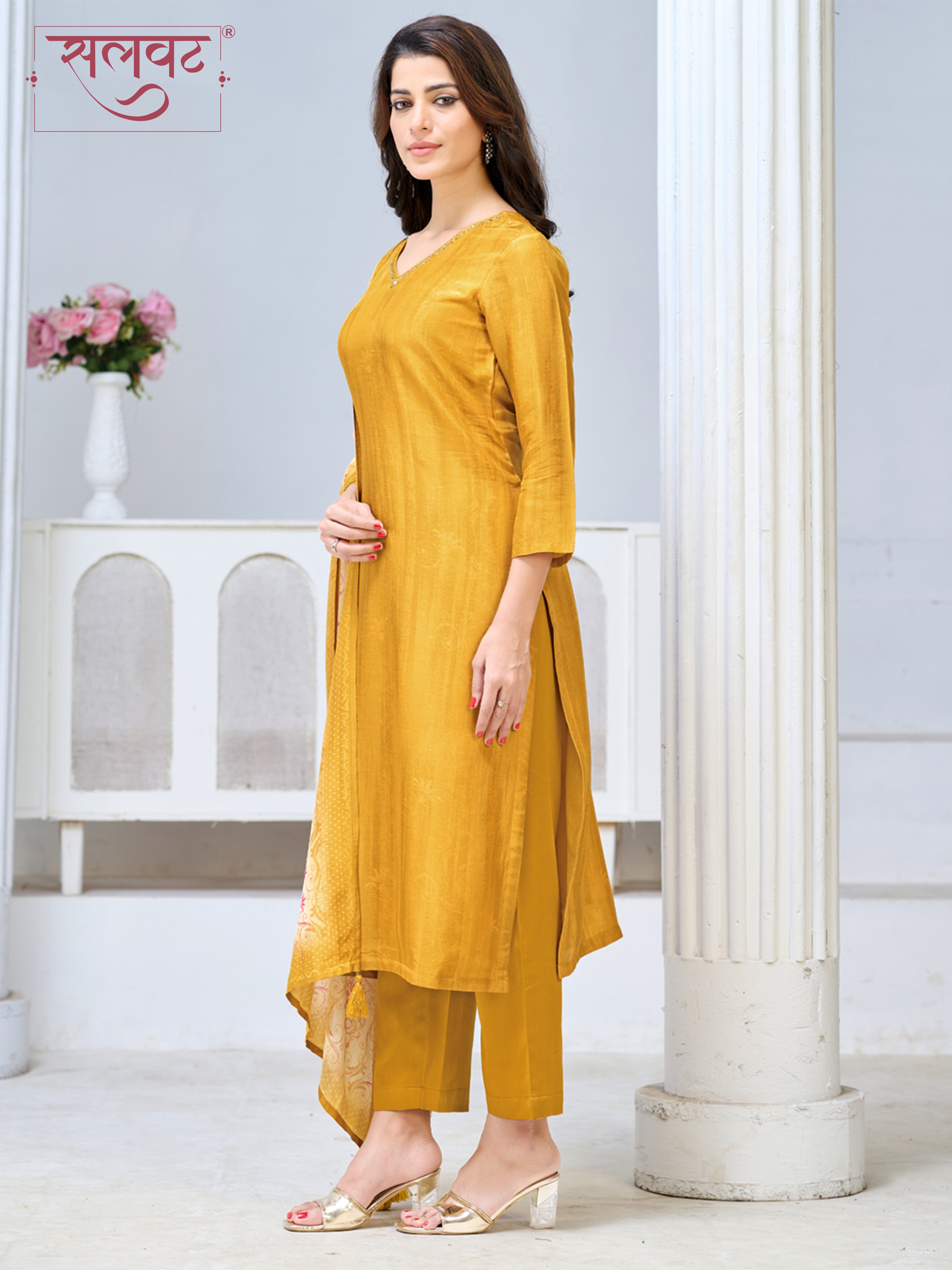 Mustard Yellow Viscose Kurta Set with Subtle Textured Weave, Paired with Solid Bottom and Printed Dupatta