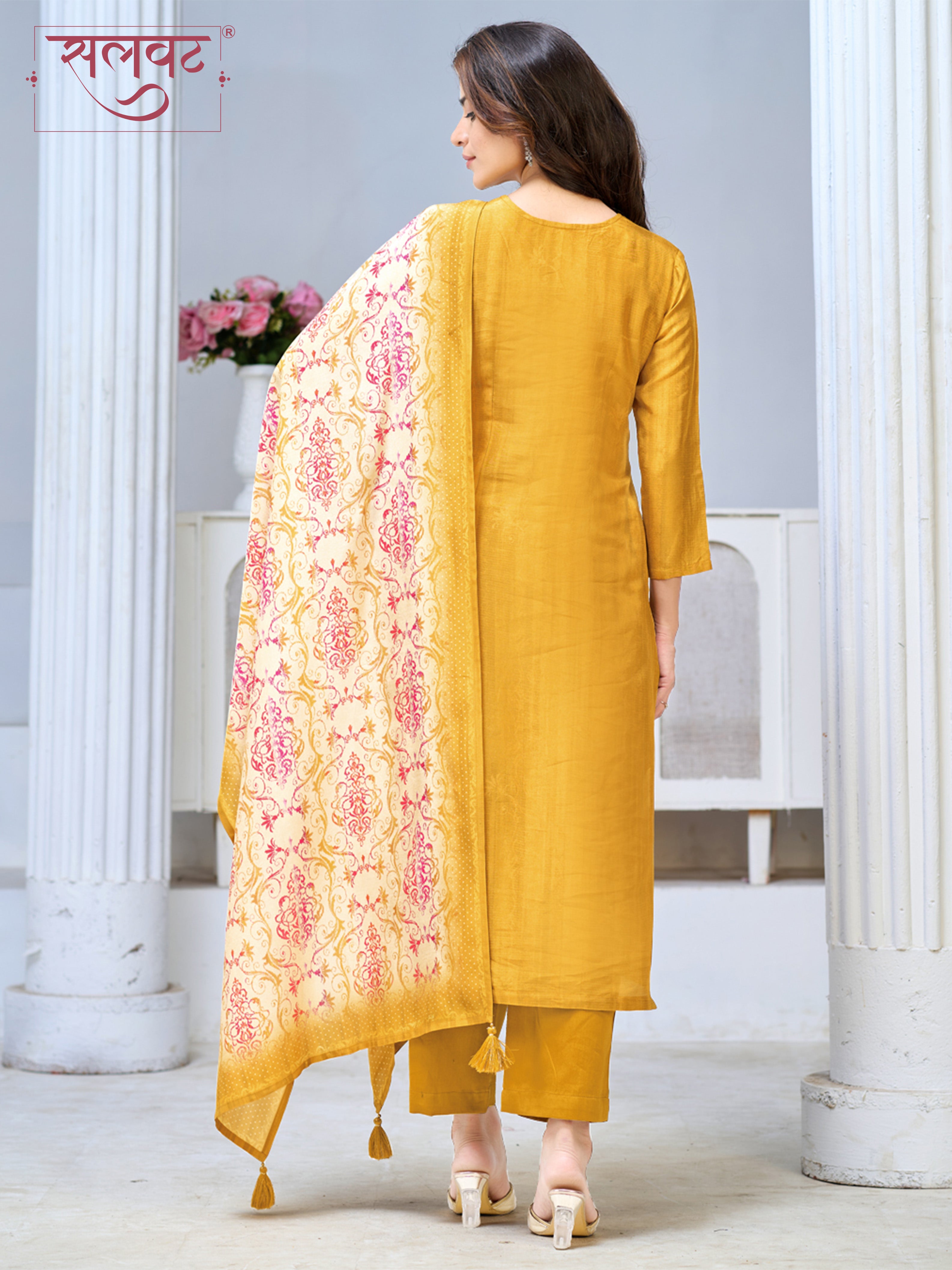 Mustard Yellow Viscose Kurta Set with Subtle Textured Weave, Paired with Solid Bottom and Printed Dupatta
