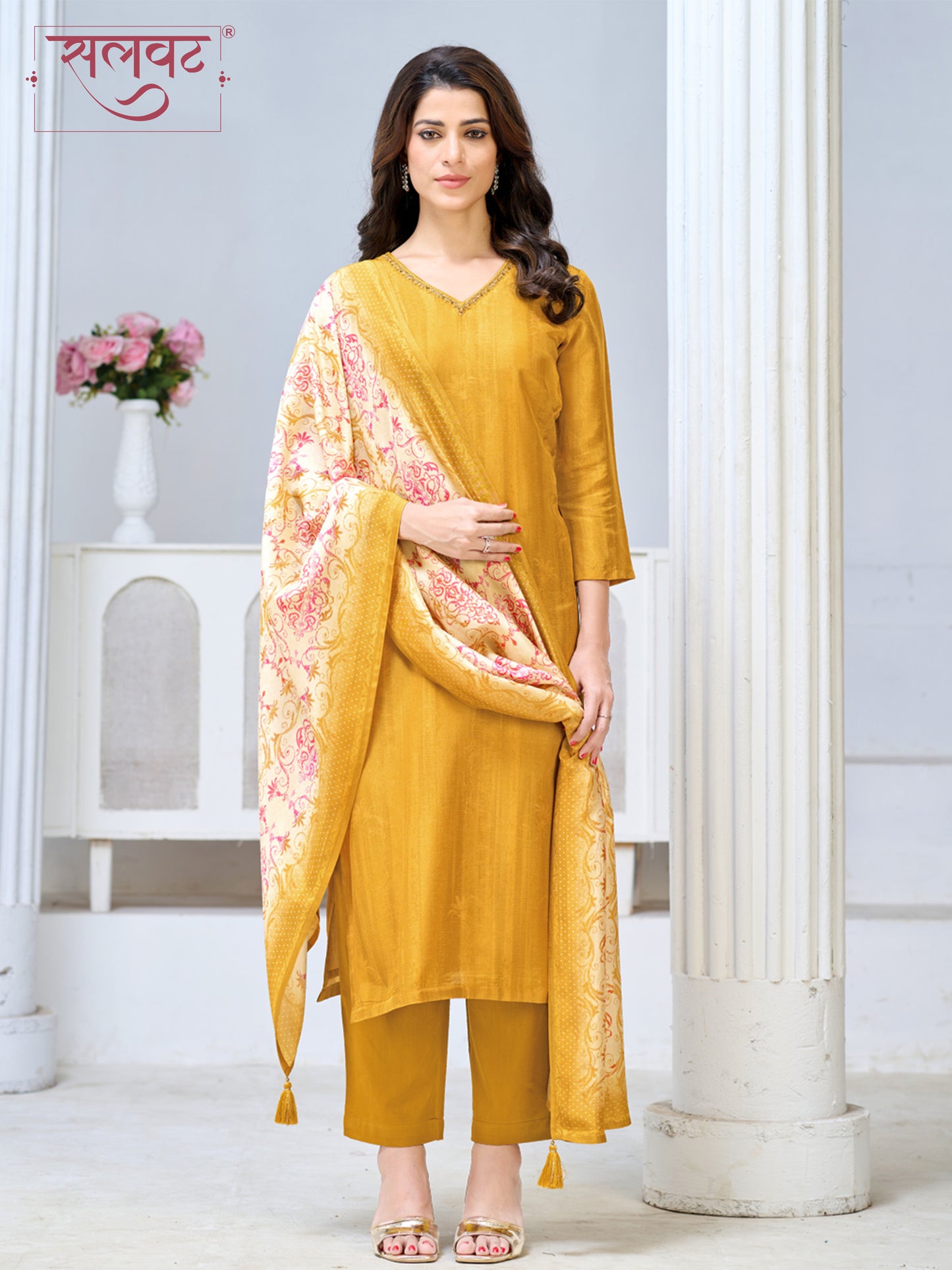 Mustard Yellow Viscose Kurta Set with Subtle Textured Weave, Paired with Solid Bottom and Printed Dupatta